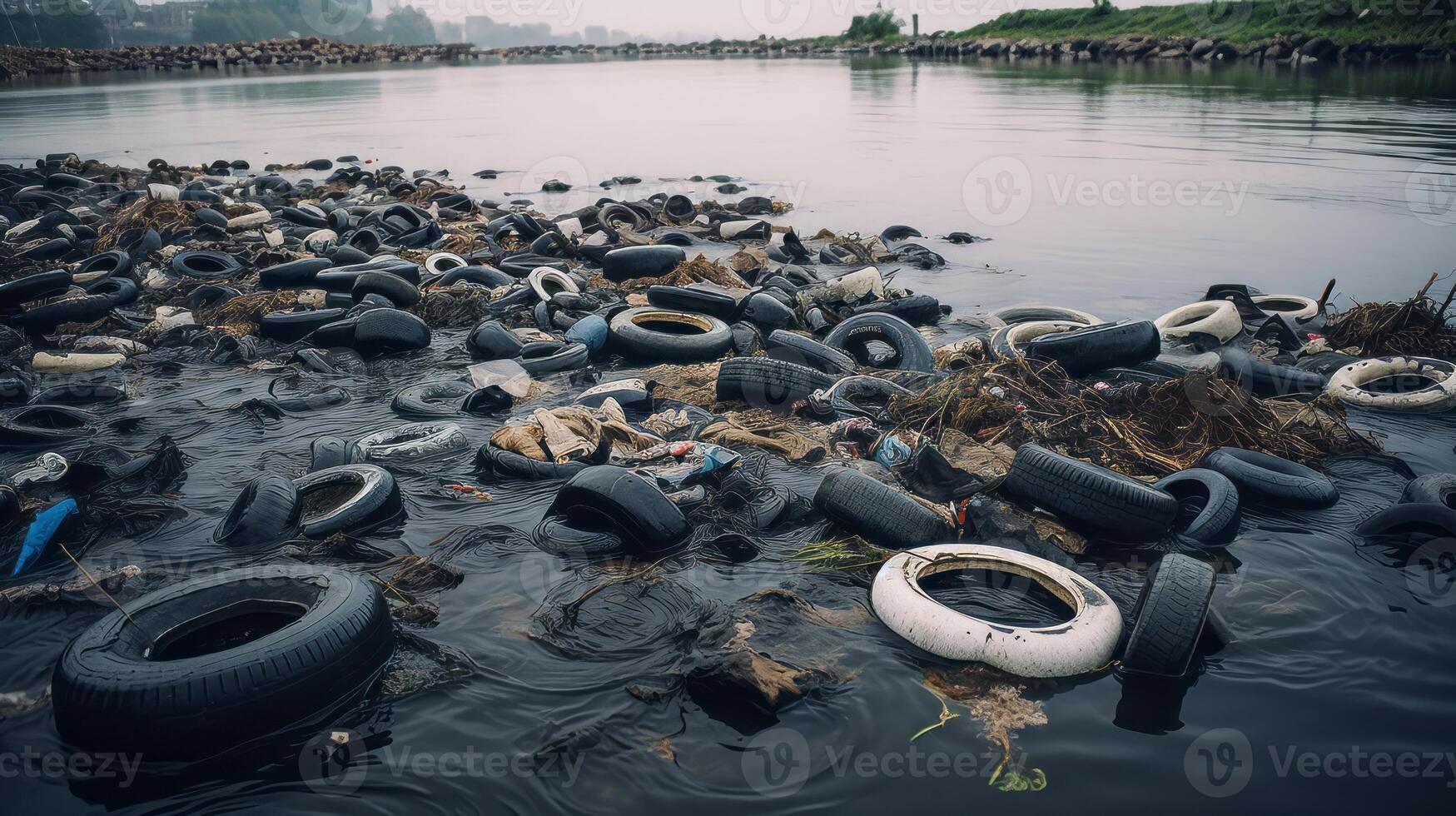 AI generated Polluted river with discarded tires. Generative AI photo