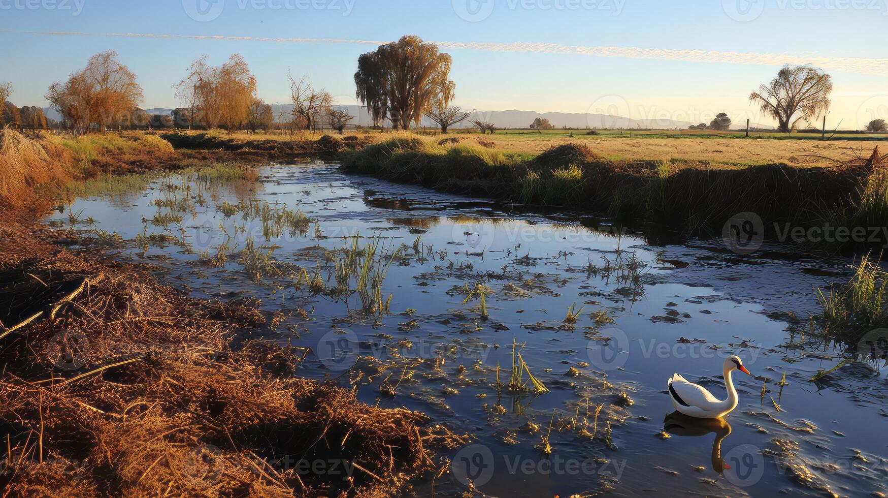 AI generated Polluted wetland with wildlife at risk. Generative AI photo