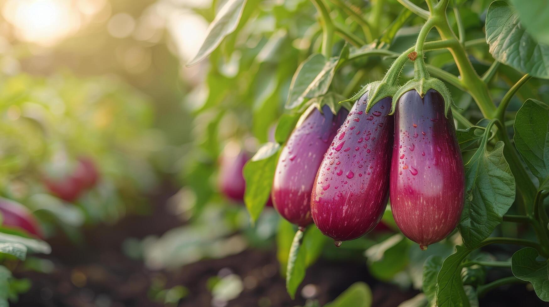 AI generated Purple Eggplant Growing in Garden photo