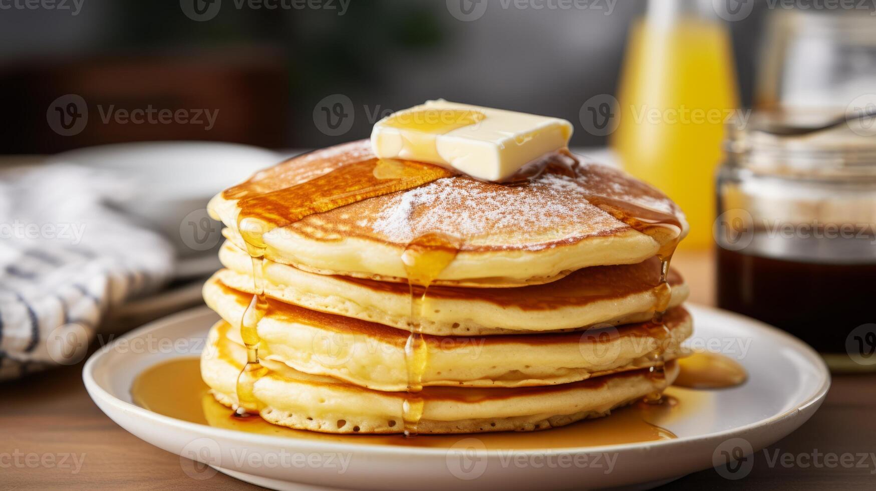 AI generated A stack of fluffy and golden pancakes with a pat of melting butter. Generative AI photo