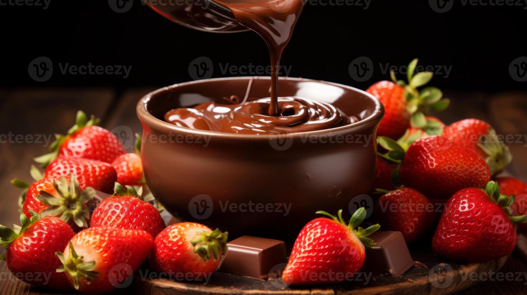 AI generated A strawberry falling into a bowl of chocolate fondue. Generative AI photo