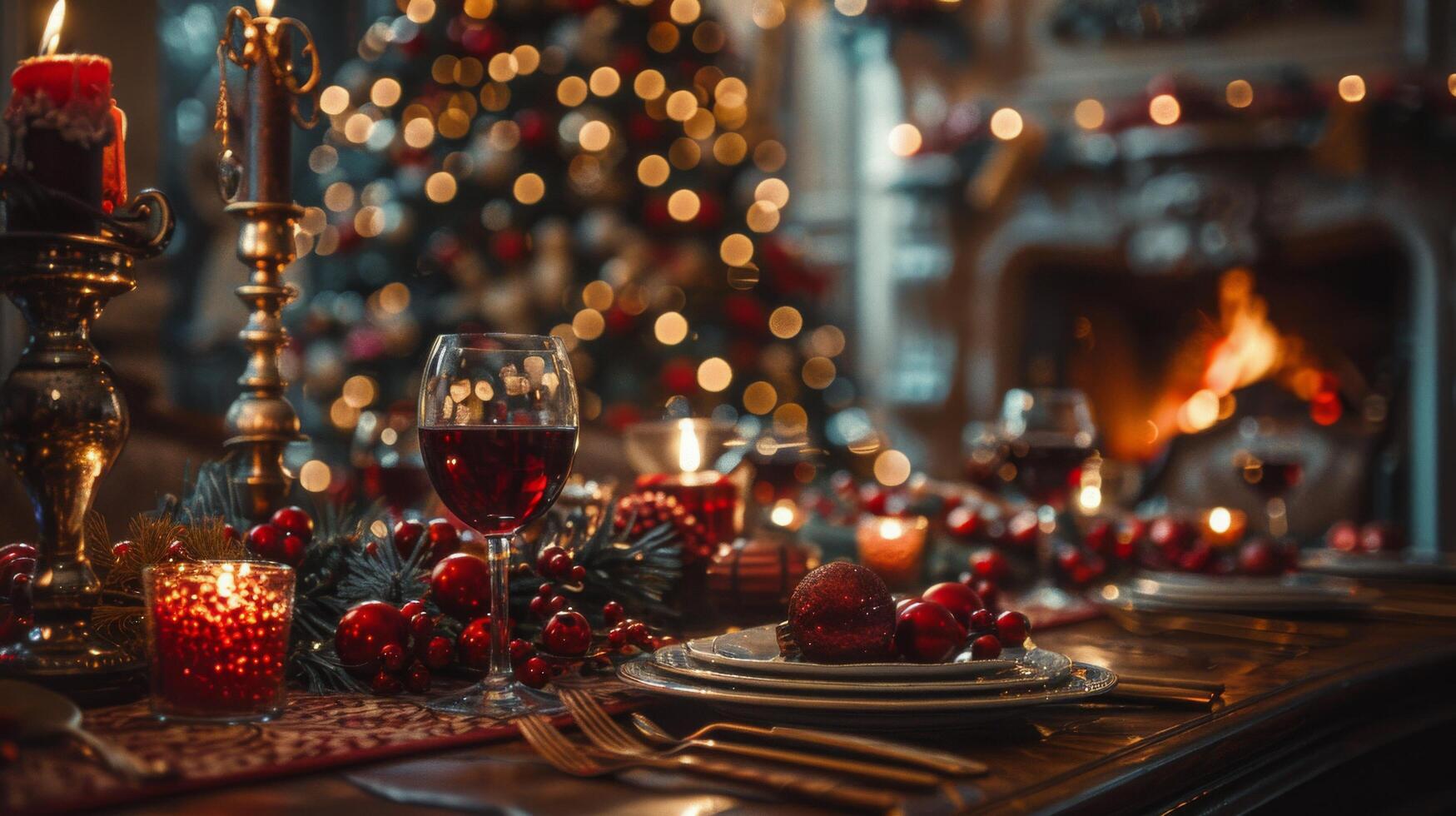 ai generado Navidad cena mesa conjunto con velas foto