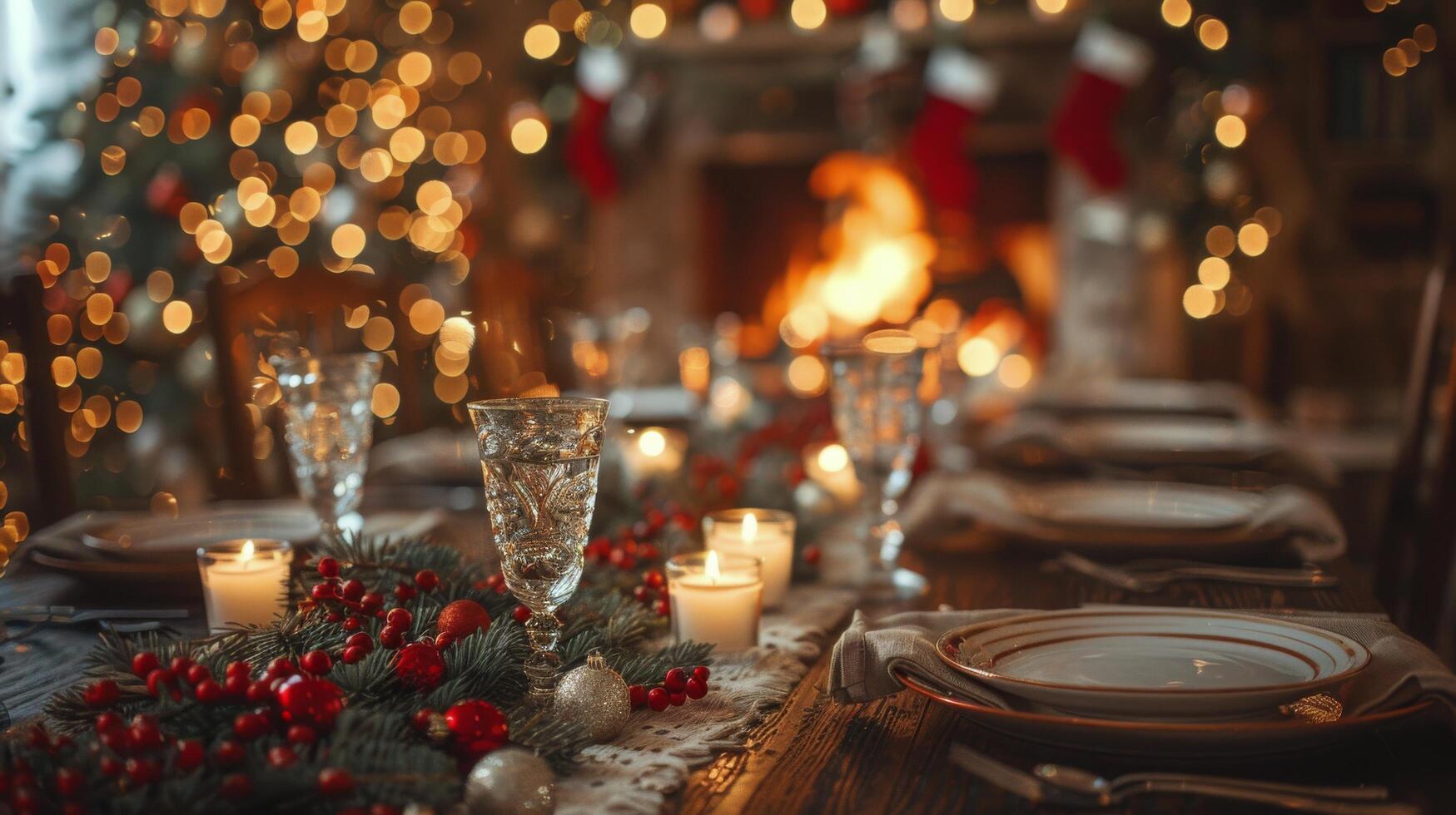 AI generated Christmas Dinner Table Set With Candles photo