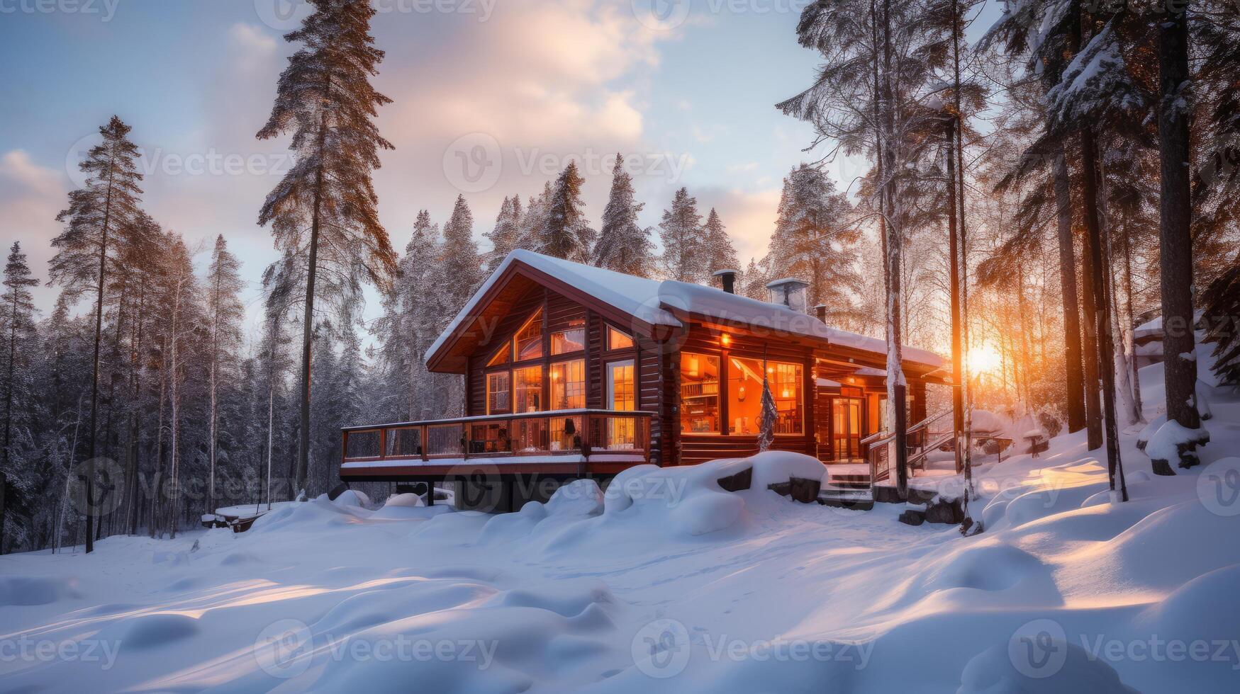AI generated A winter cabin bathed in warm light. Generative AI photo