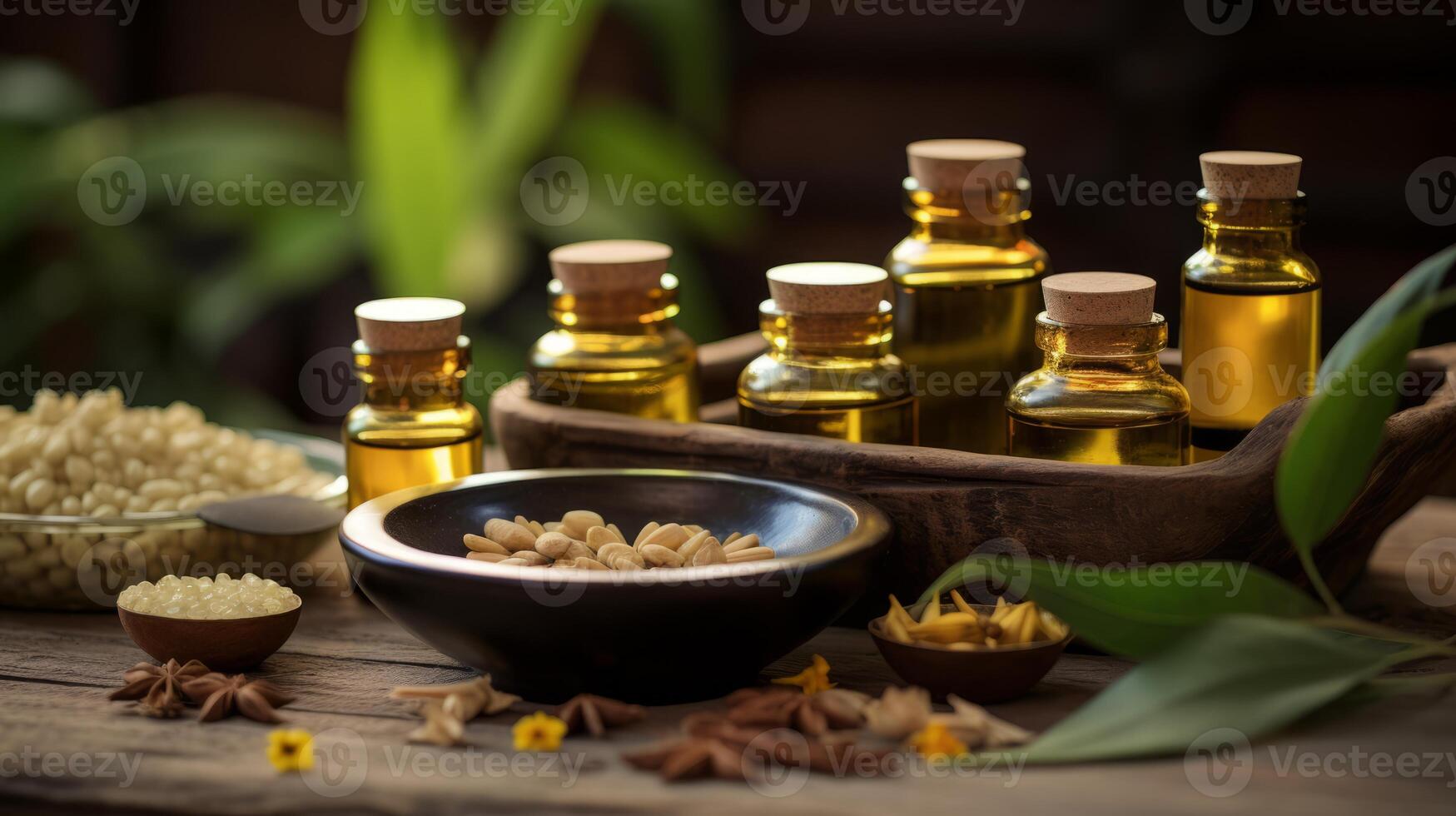 AI generated Ayurvedic oils used for abhyanga massage. Generative AI photo