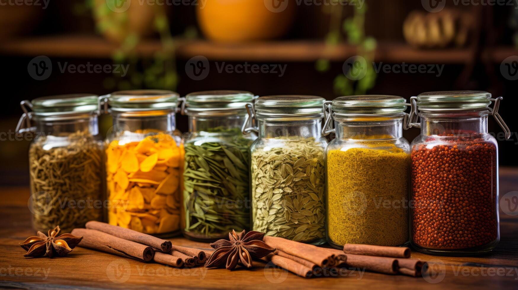 AI generated Ayurvedic herbal remedies in glass jars. Generative AI photo