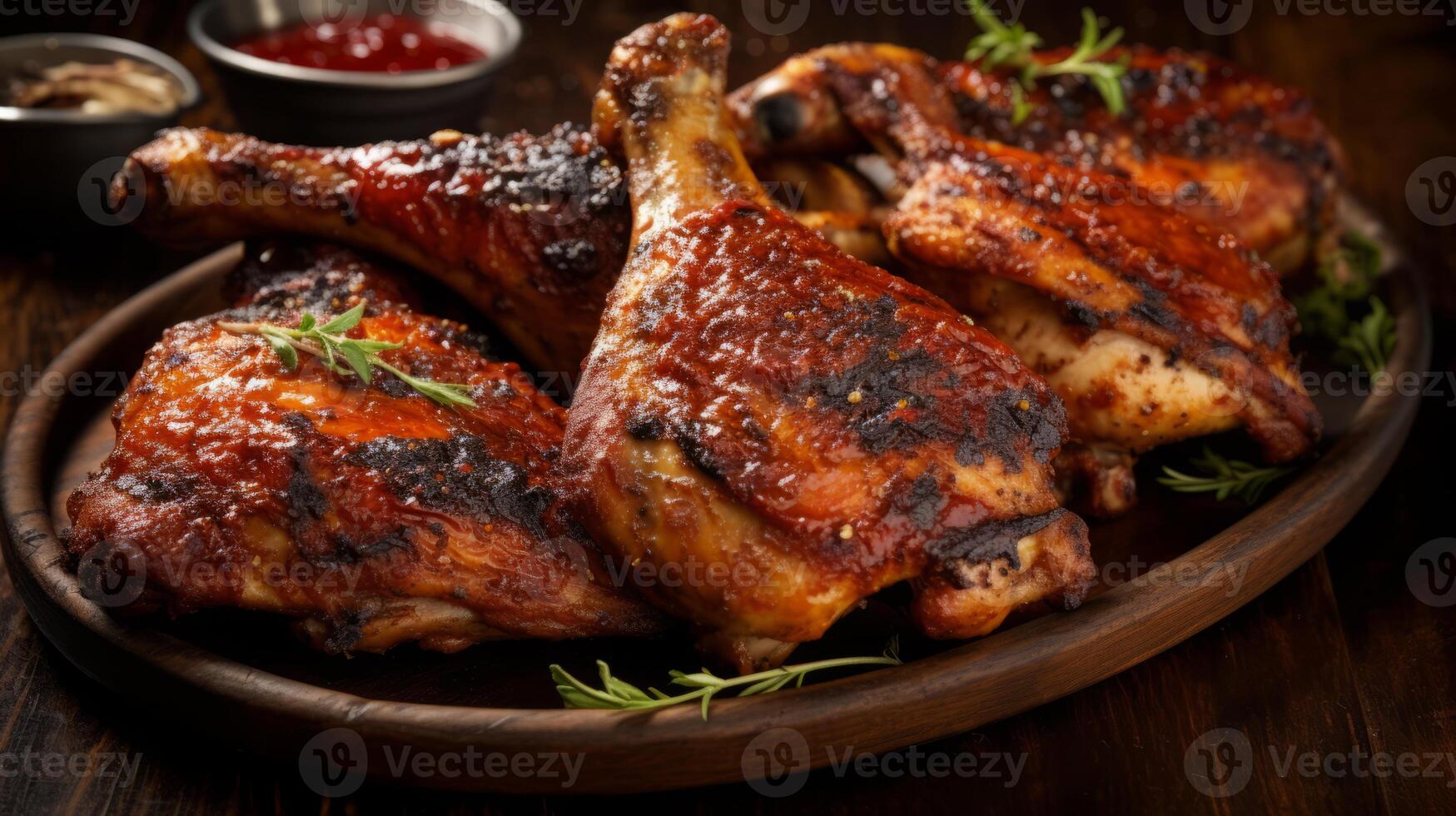 AI generated Bbq chicken quarters, crispy skin feast. Generative AI photo