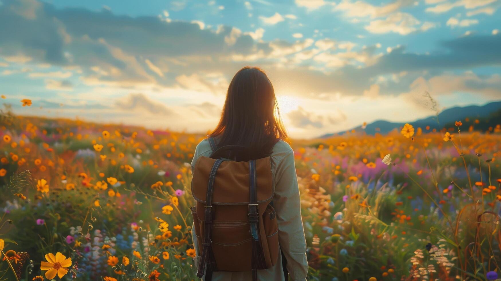 AI generated Woman in Hat Standing in Field of Flowers photo