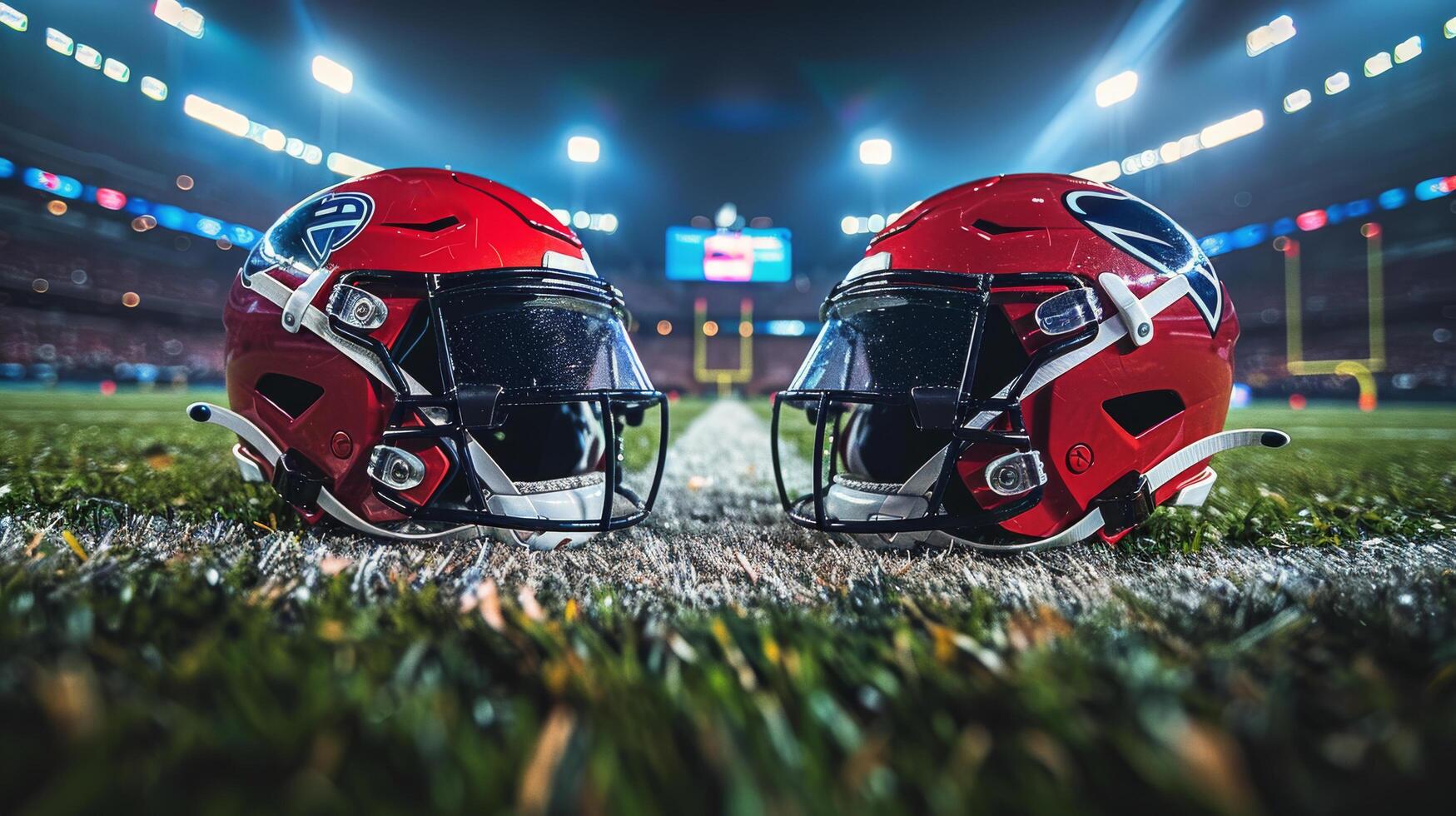 ai generado dos fútbol americano cascos en campo foto