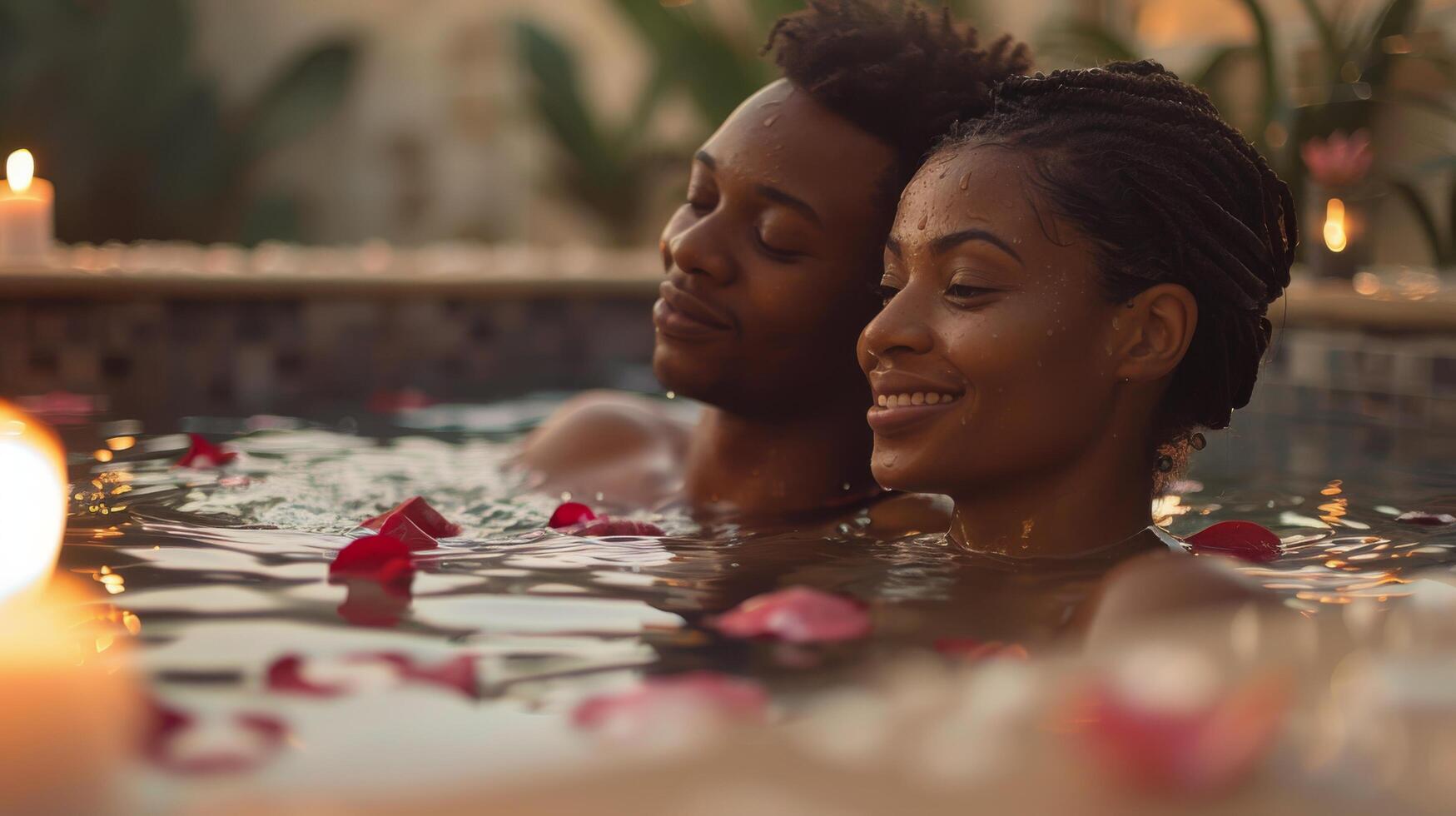 AI generated Man and Woman Enjoying Hot Tub With Candles photo