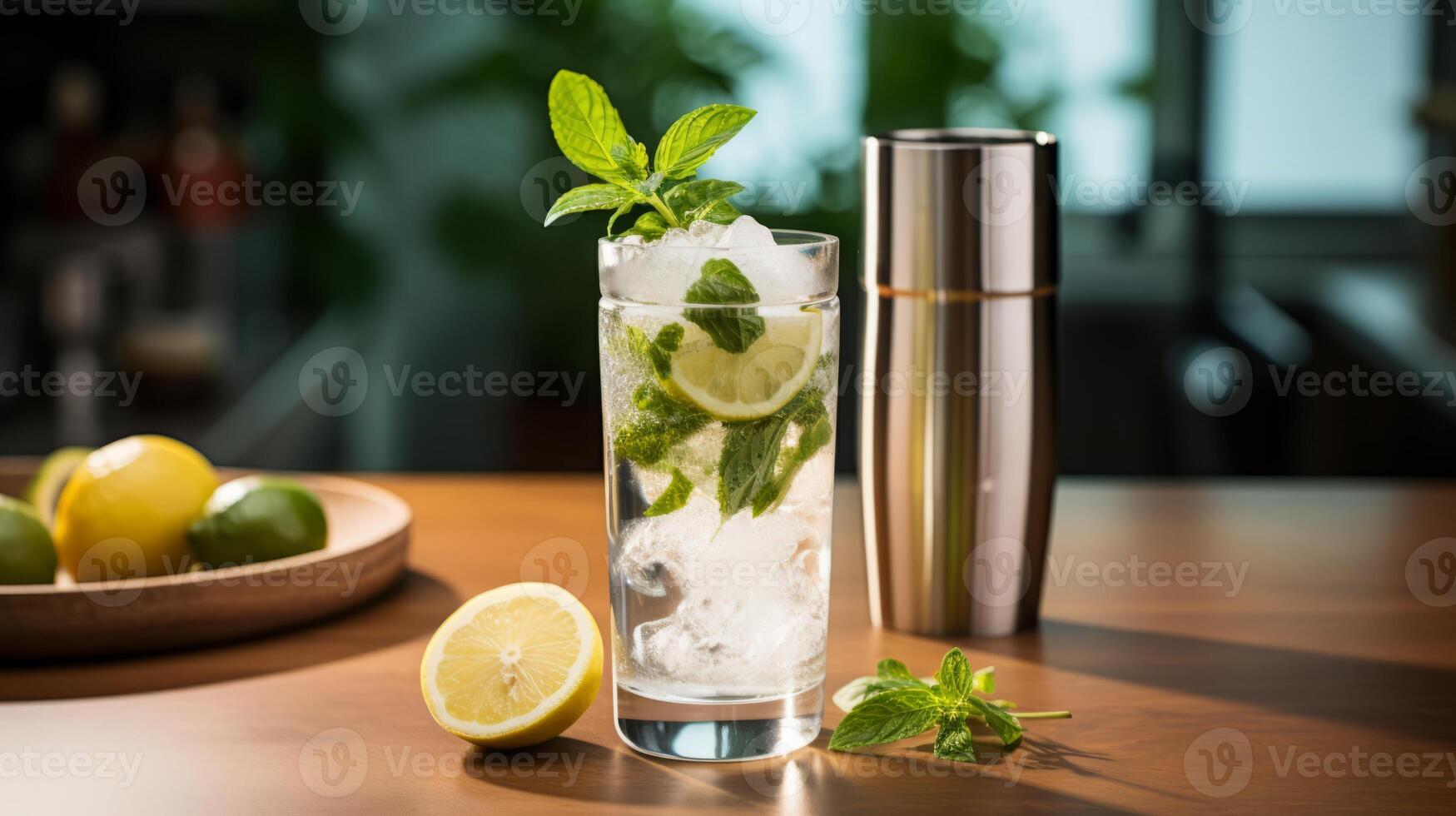 AI generated Cocktail shaker filled with ice and ingredients. Generative AI photo