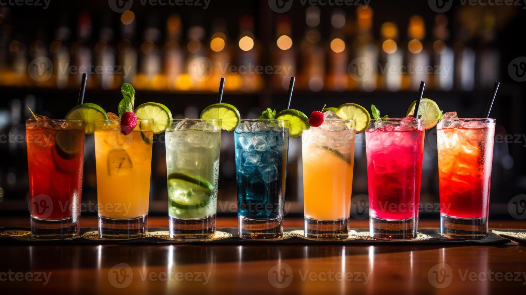 AI generated Cocktails in a row at a busy bar. Generative AI photo