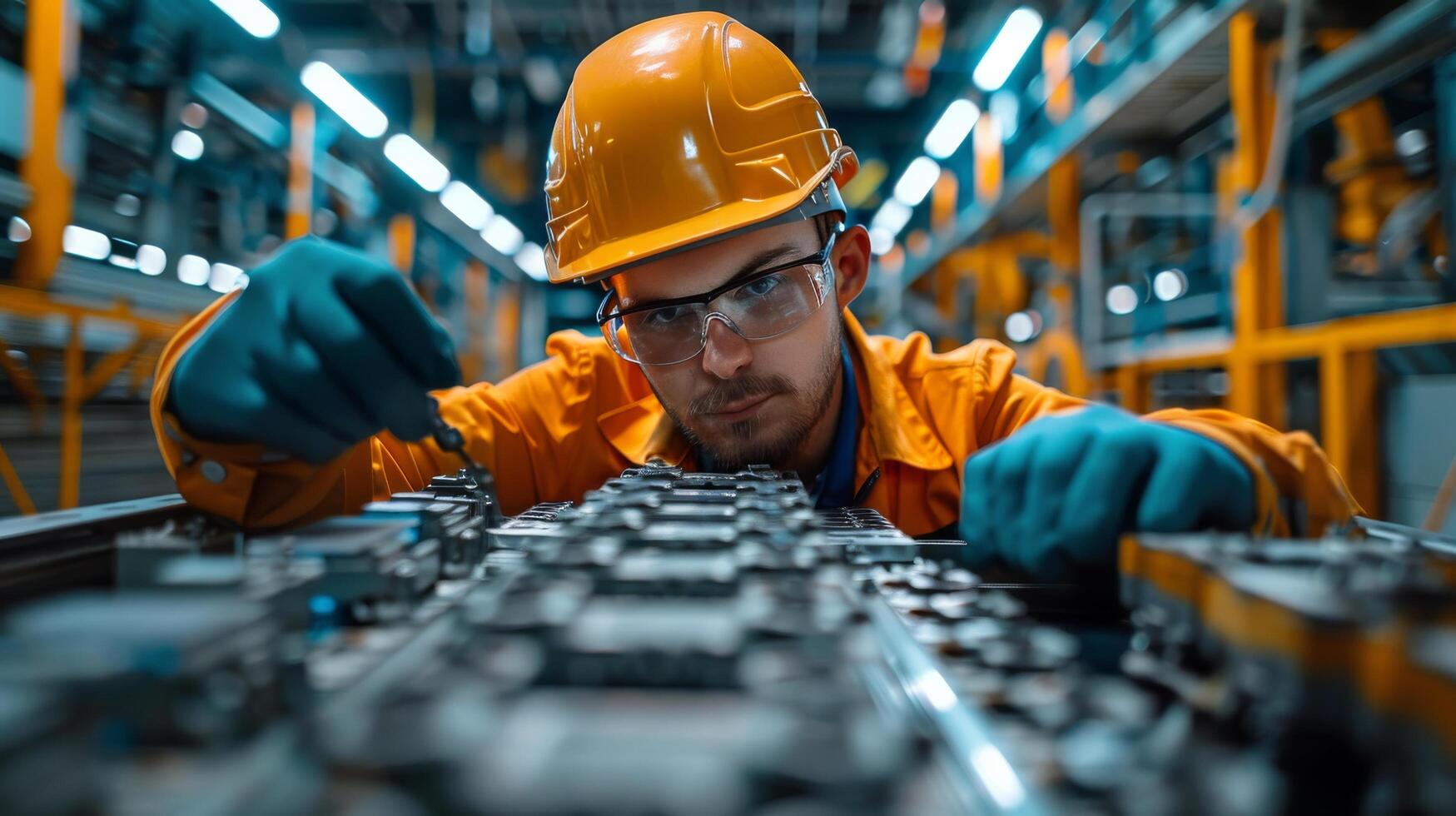 AI generated Man in Orange Jacket and Safety Glasses Working on Machine photo