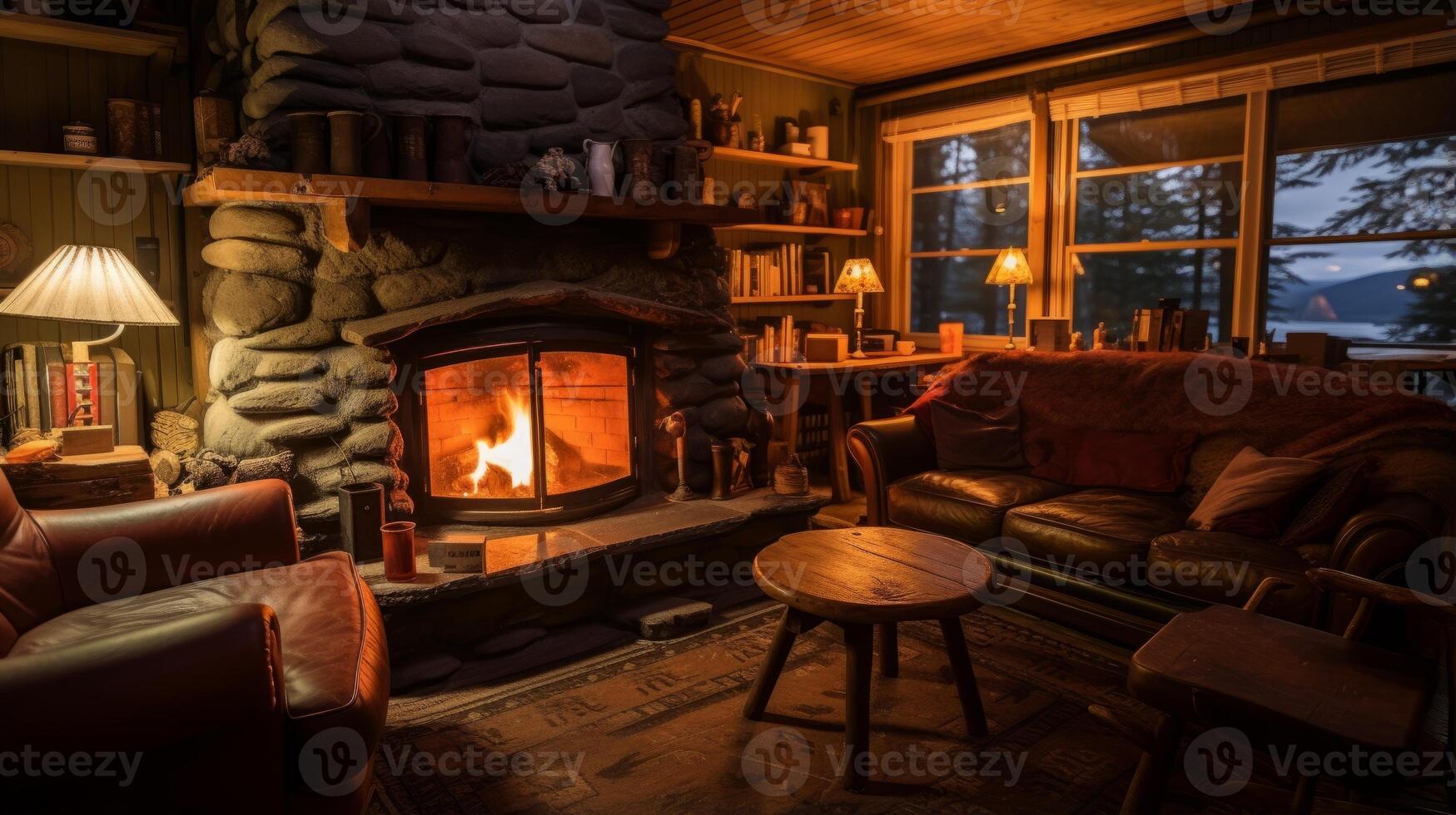 AI generated Cozy cabin pension with a roaring fireplace and warm. Generative AI photo