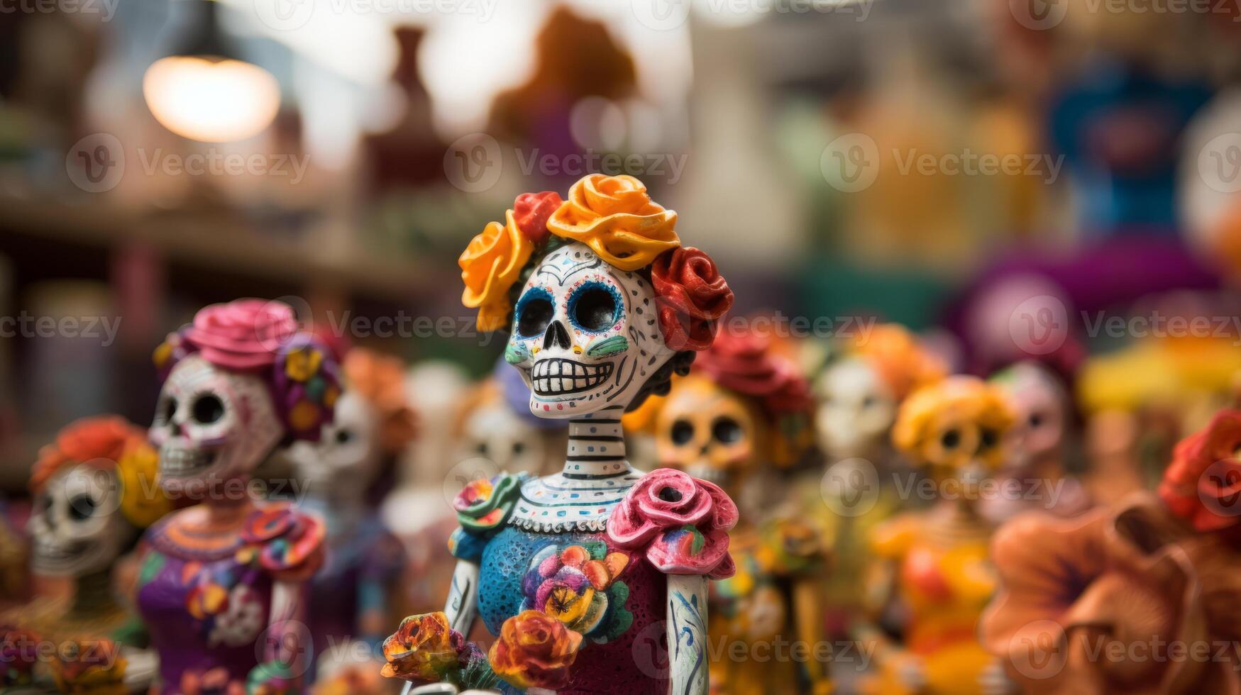 AI generated Day of the dead catrina figurine in a festive display. Generative AI photo