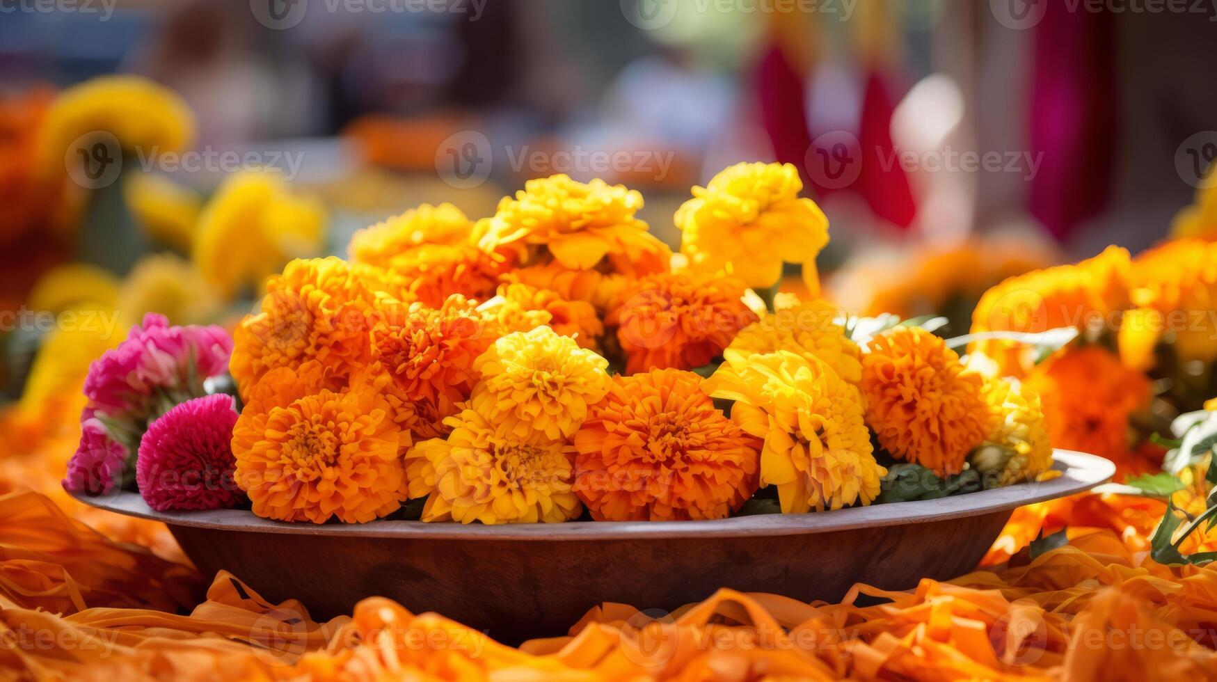 AI generated Day of the dead marigold flower offerings. Generative AI photo