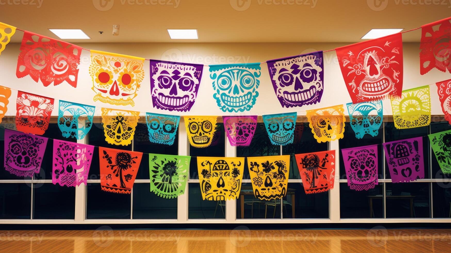 AI generated Day of the dead papel picado banners adding a joyful atmosphere. Generative AI photo