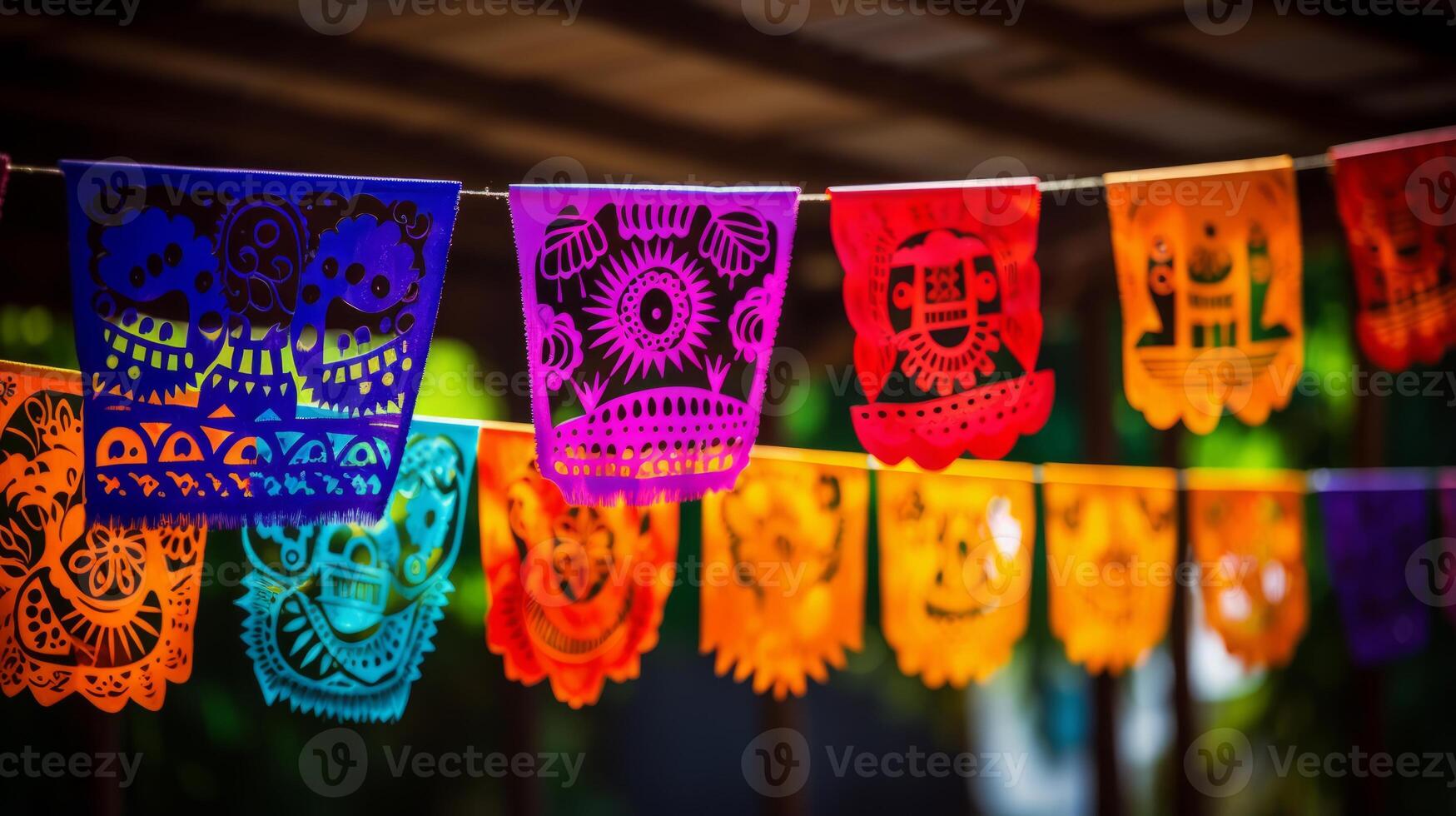 AI generated Day of the dead papel picado banners in vibrant colors. Generative AI photo
