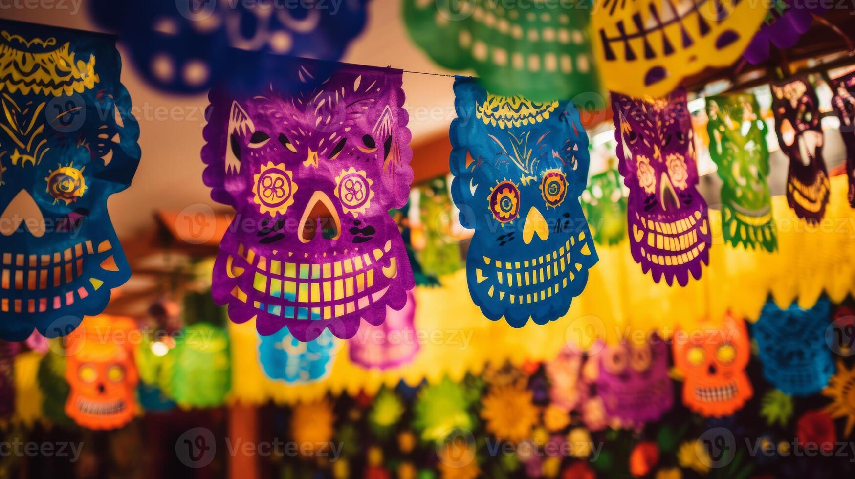 AI generated Day of the dead papel picado banners creating a festive backdrop. Generative AI photo