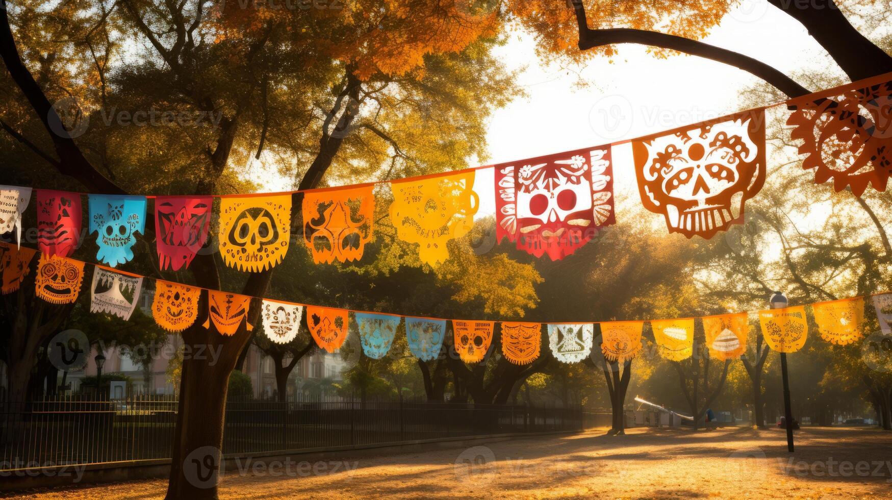 AI generated Day of the dead papel picado banners adding a joyful atmosphere. Generative AI photo