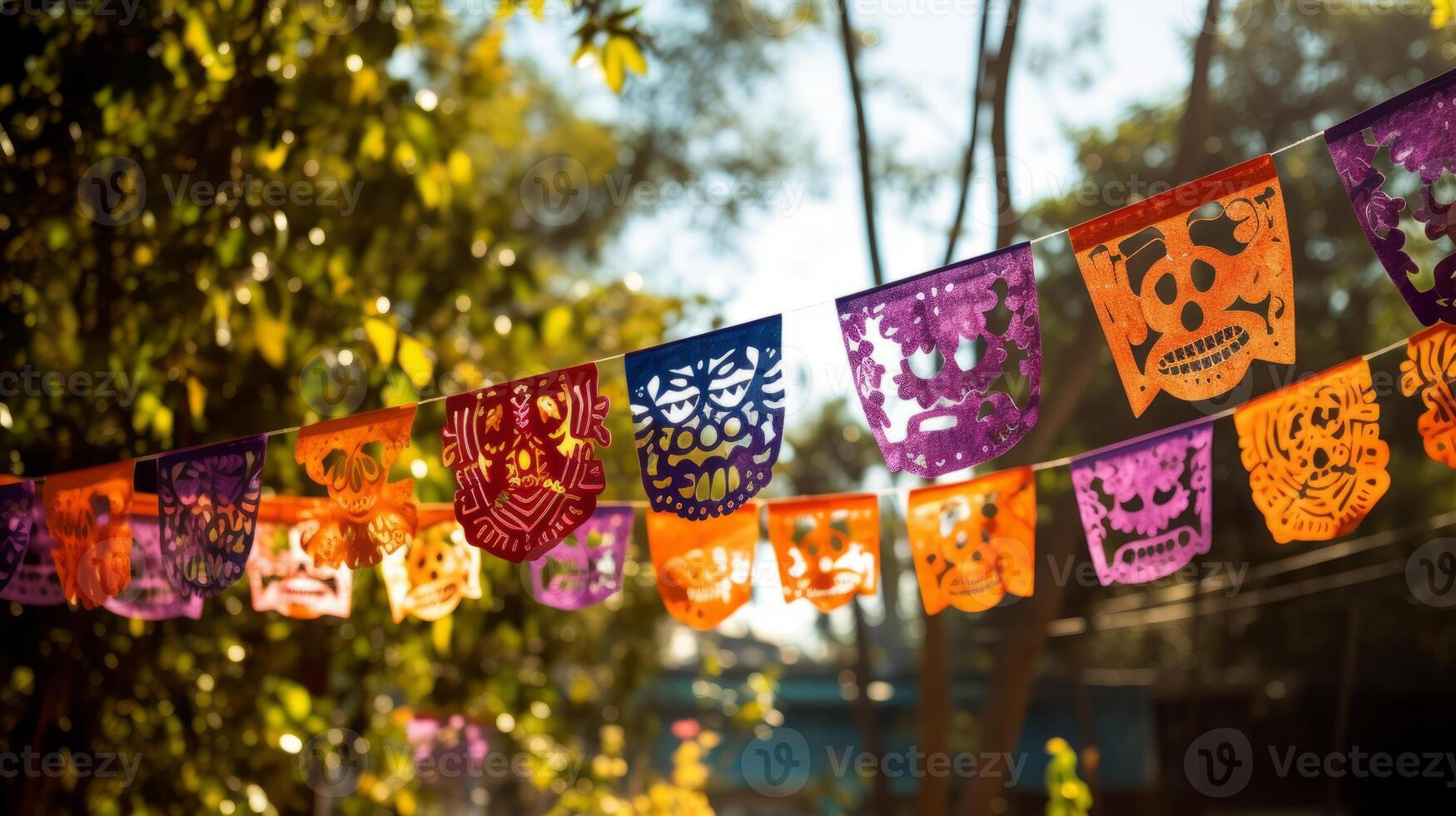 AI generated Day of the dead papel picado decorations in the breeze. Generative AI photo
