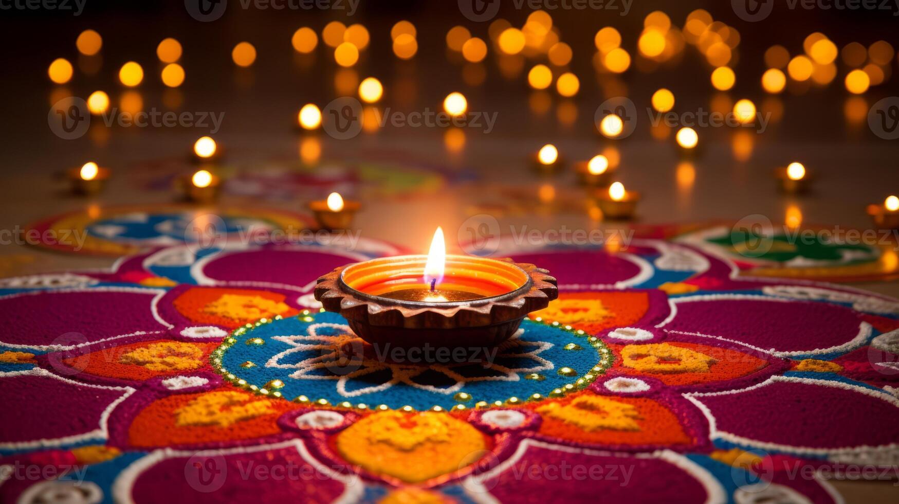 AI generated Diwali decorations with colorful rangoli. Generative AI photo