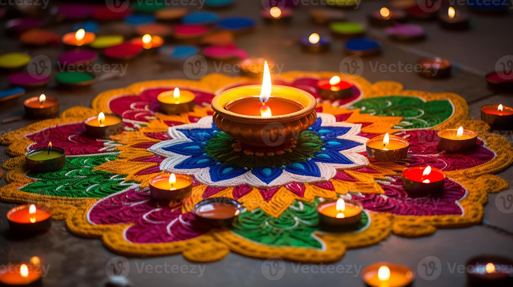 AI generated Diwali decorations with colorful rangoli. Generative AI photo