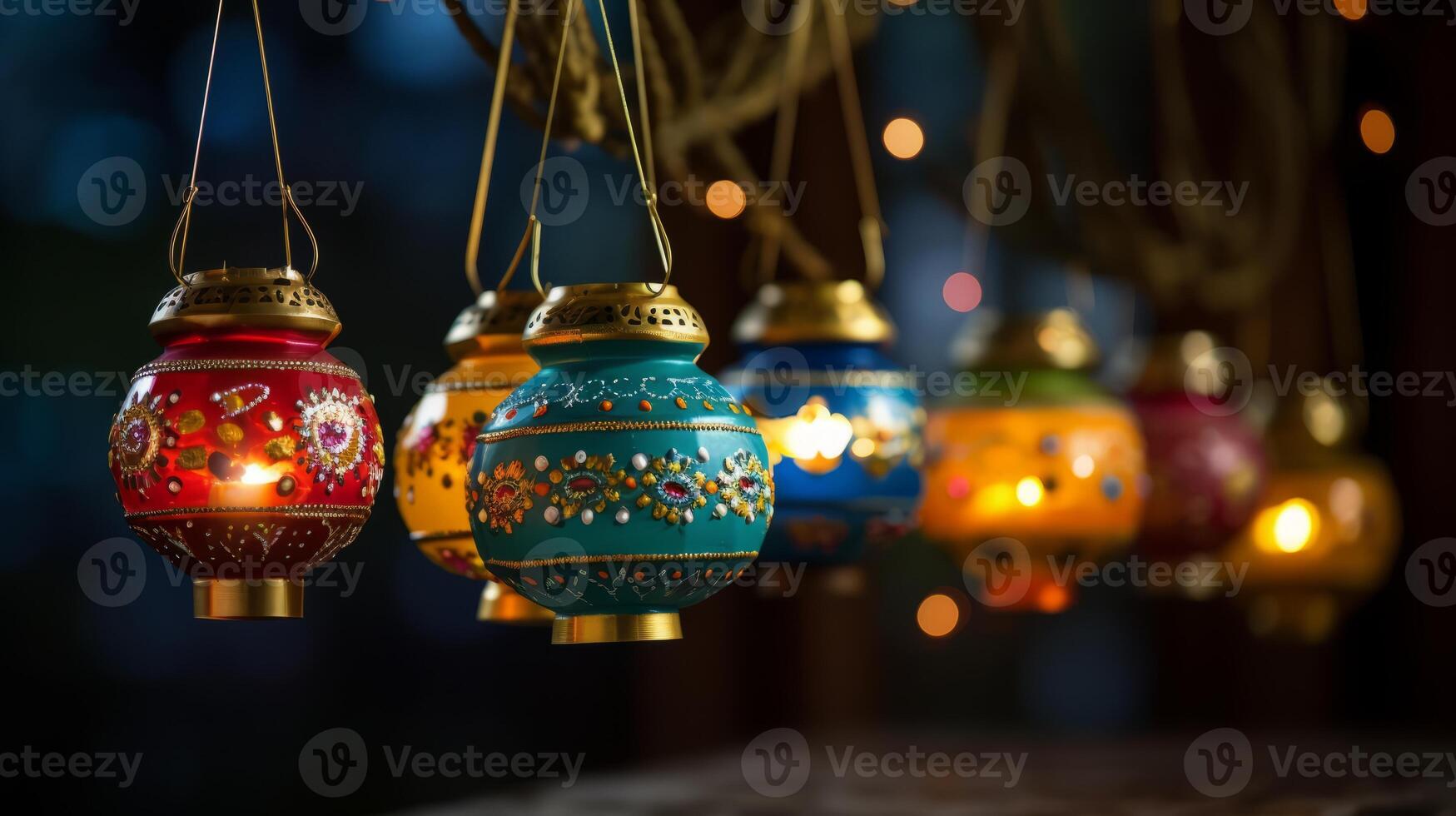 AI generated Diwali decorations with glowing lanterns. Generative AI photo