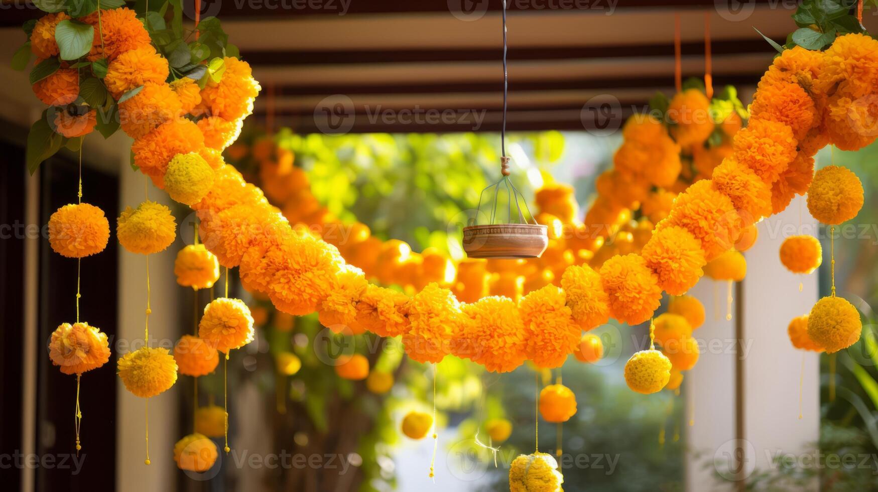 AI generated Diwali decorations with marigold garlands. Generative AI photo