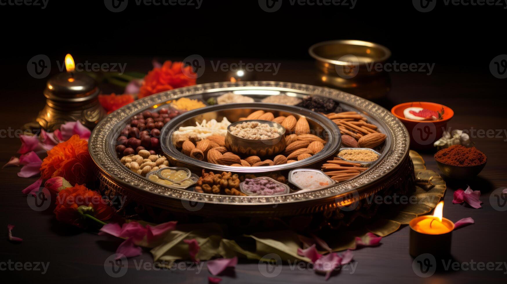AI generated Diwali puja thali adorned with sacred items and traditional elements. Generative AI photo