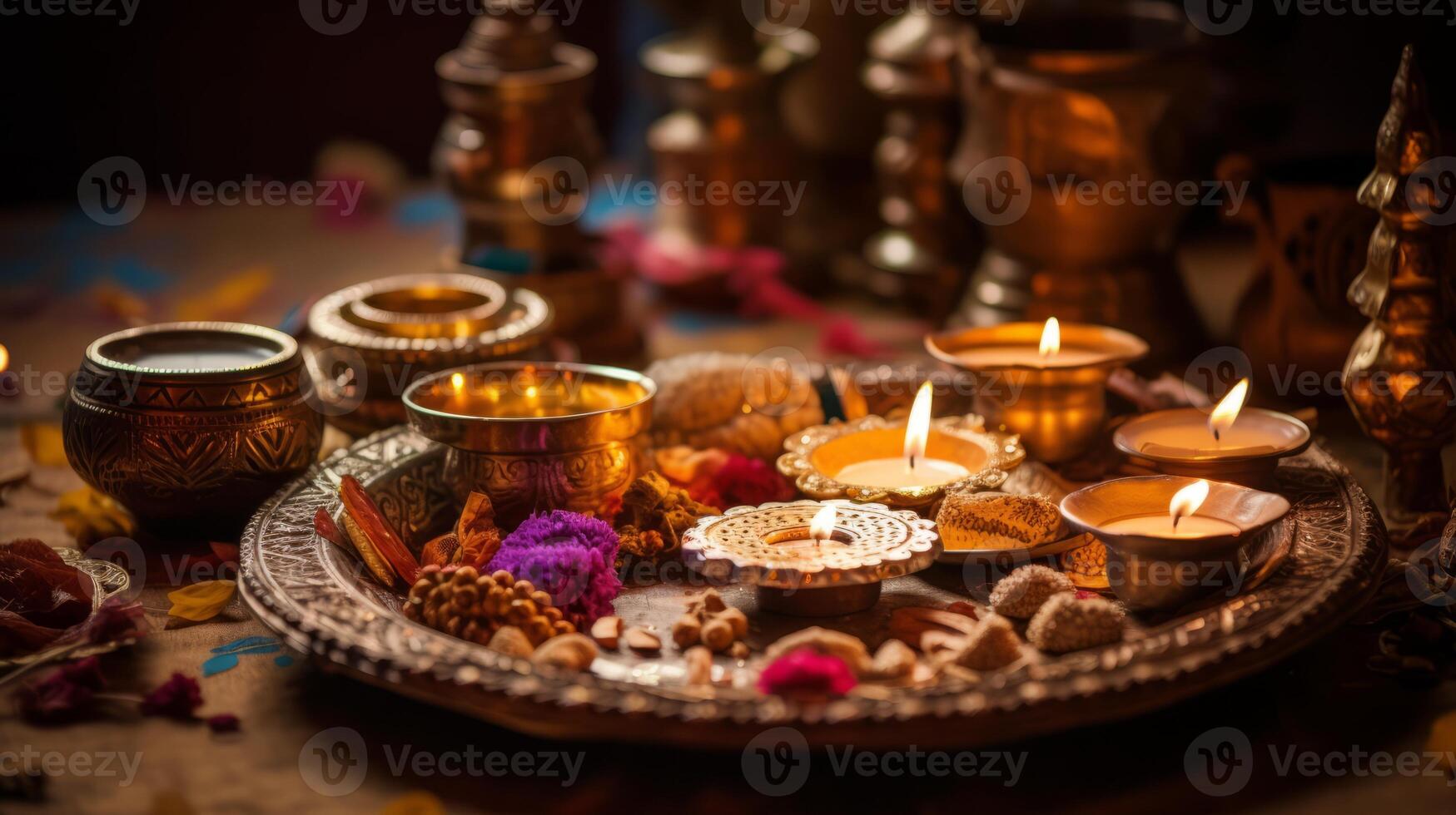 AI generated Diwali puja thali adorned with sacred items and traditional elements. Generative AI photo