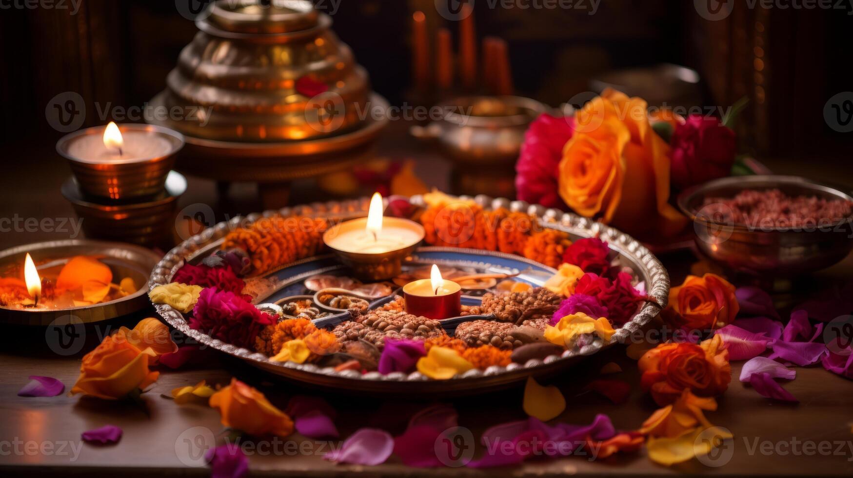 AI generated Diwali puja thali with sacred offerings and incense. Generative AI photo
