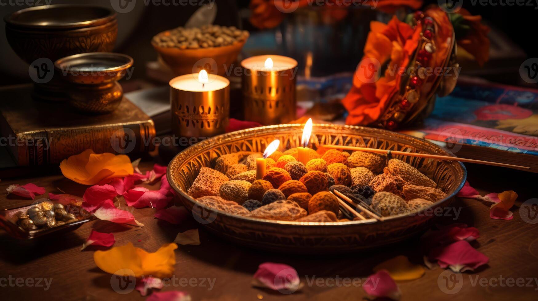 AI generated Diwali puja with incense and offerings. Generative AI photo