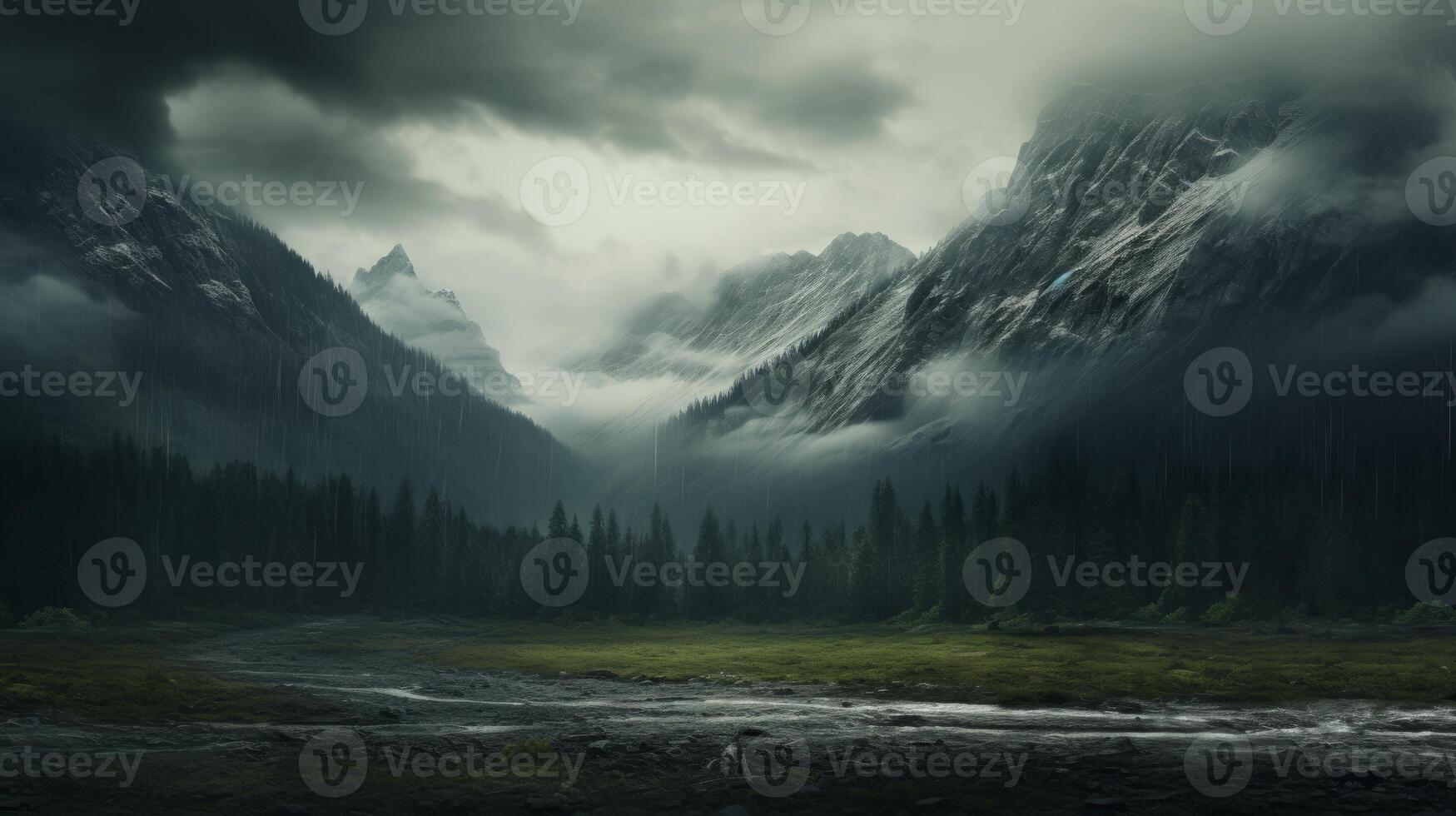 AI generated Dramatic and moody mountain scenery. Generative AI photo