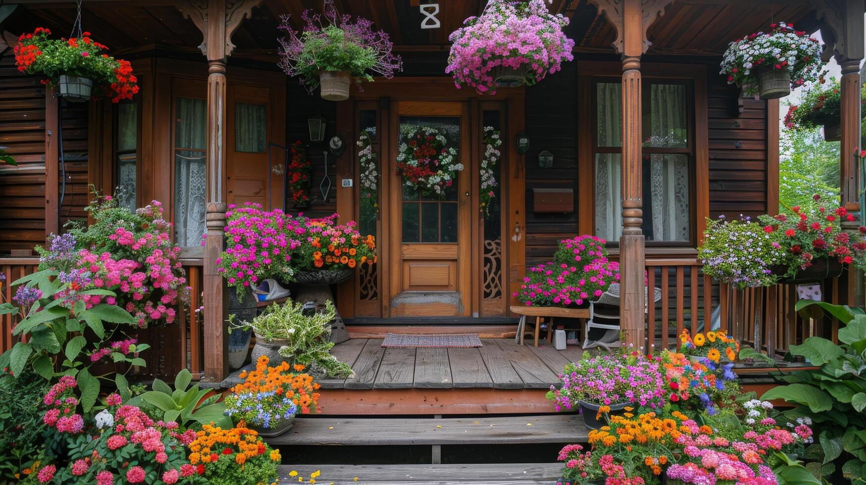 AI generated Blue House With Pink Door Surrounded by Flowers photo