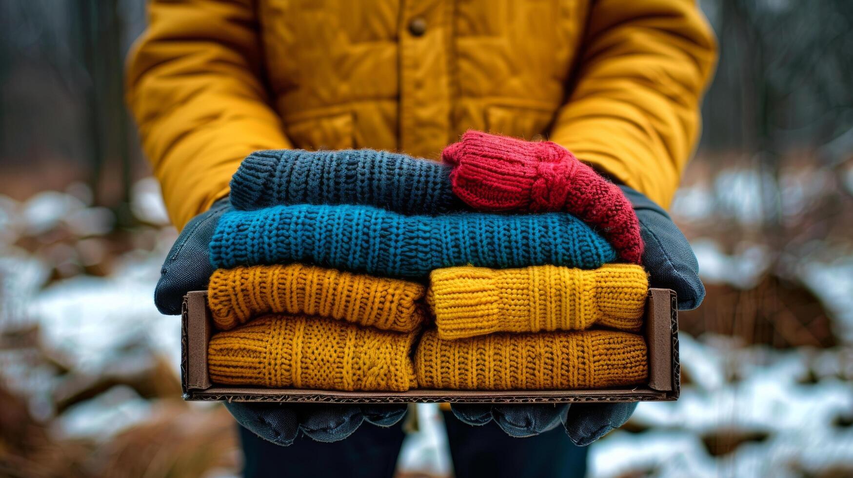 AI generated Person Holding Box of Sweaters in Snow photo