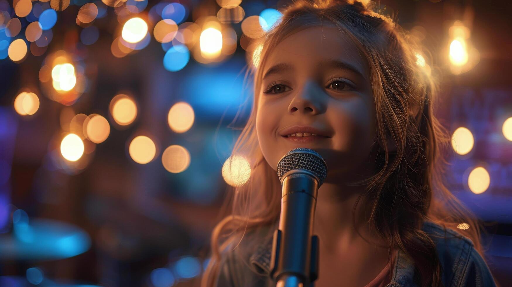 ai generado joven niña canto dentro micrófono foto