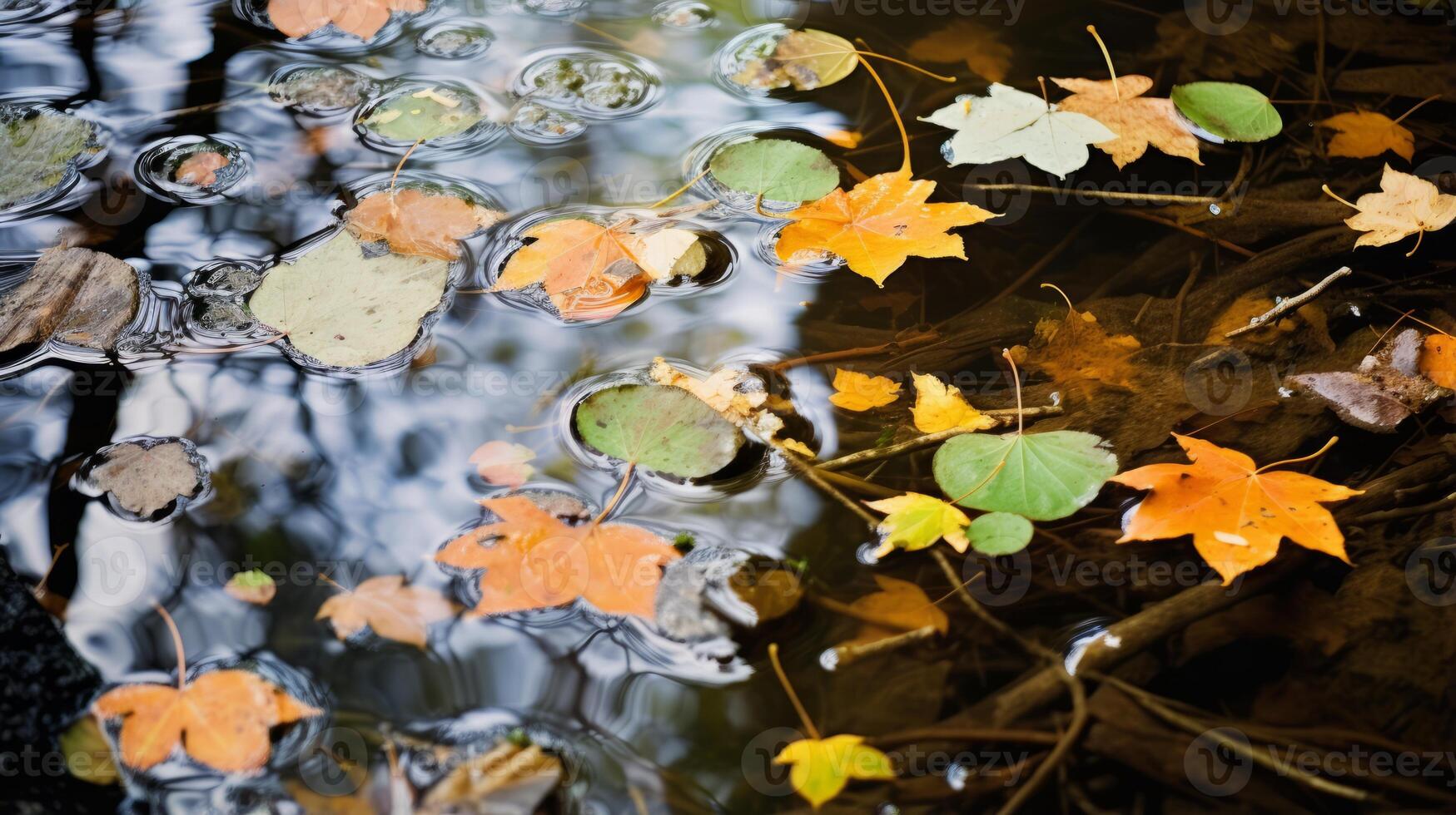 AI generated Leaves floating in a pond with reflections. Generative AI photo