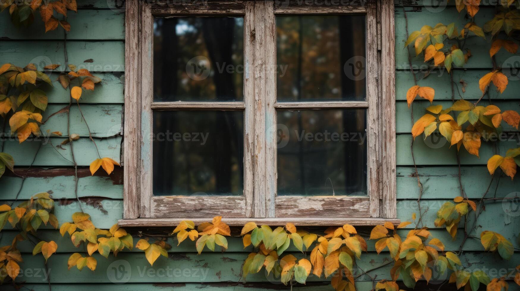 AI generated Leaves on a vintage wooden window frame. Generative AI photo