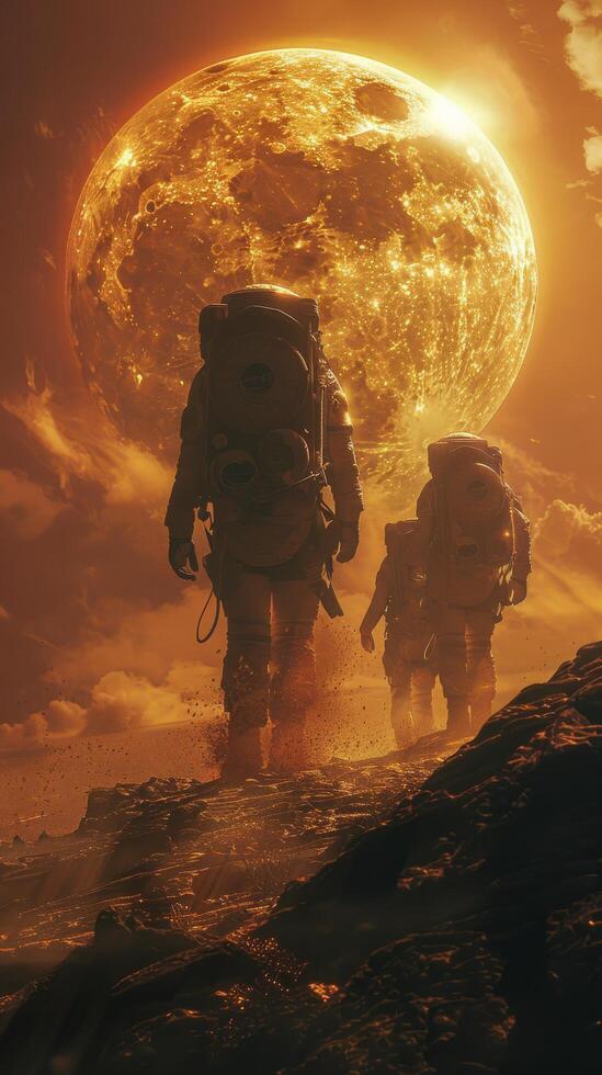 AI generated Couple Walking Across Field Next to Giant Moon photo