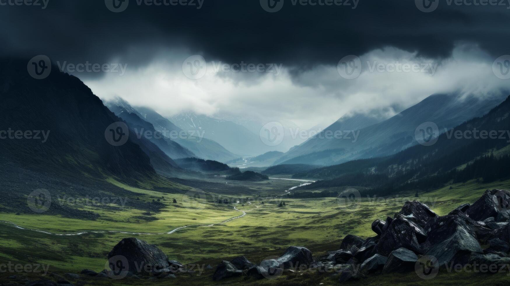 AI generated Moody mountain landscape with a brooding sky. Generative AI photo