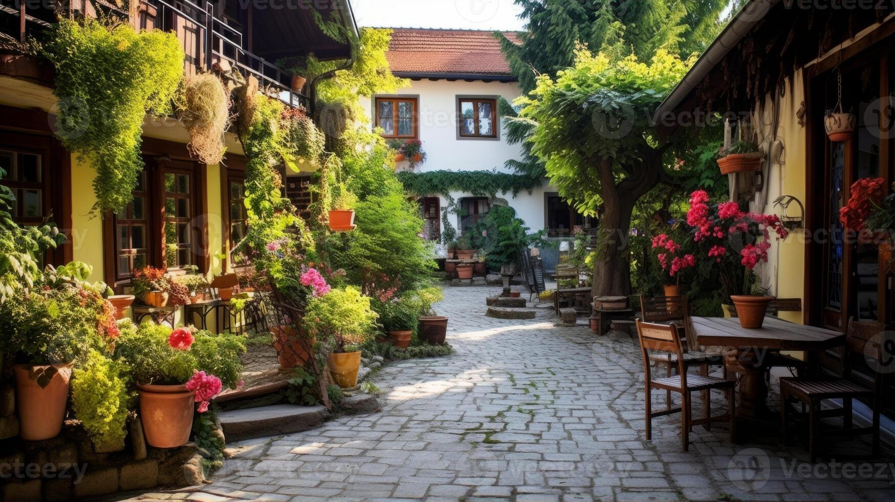AI generated Pension in an old world village with charming architecture and cafes. Generative AI photo
