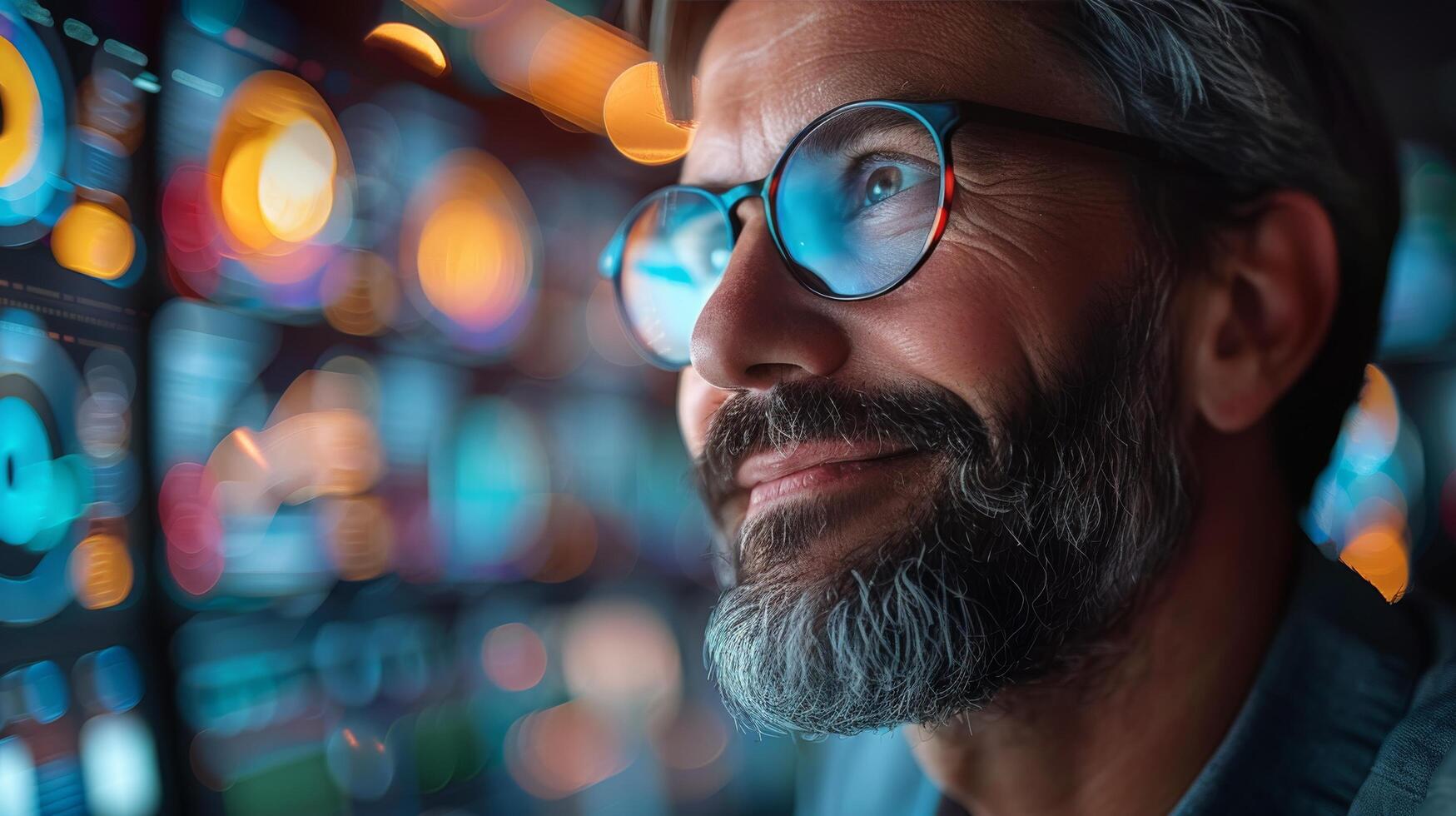 AI generated Man in Glasses Observing Wall of Slot Machines photo