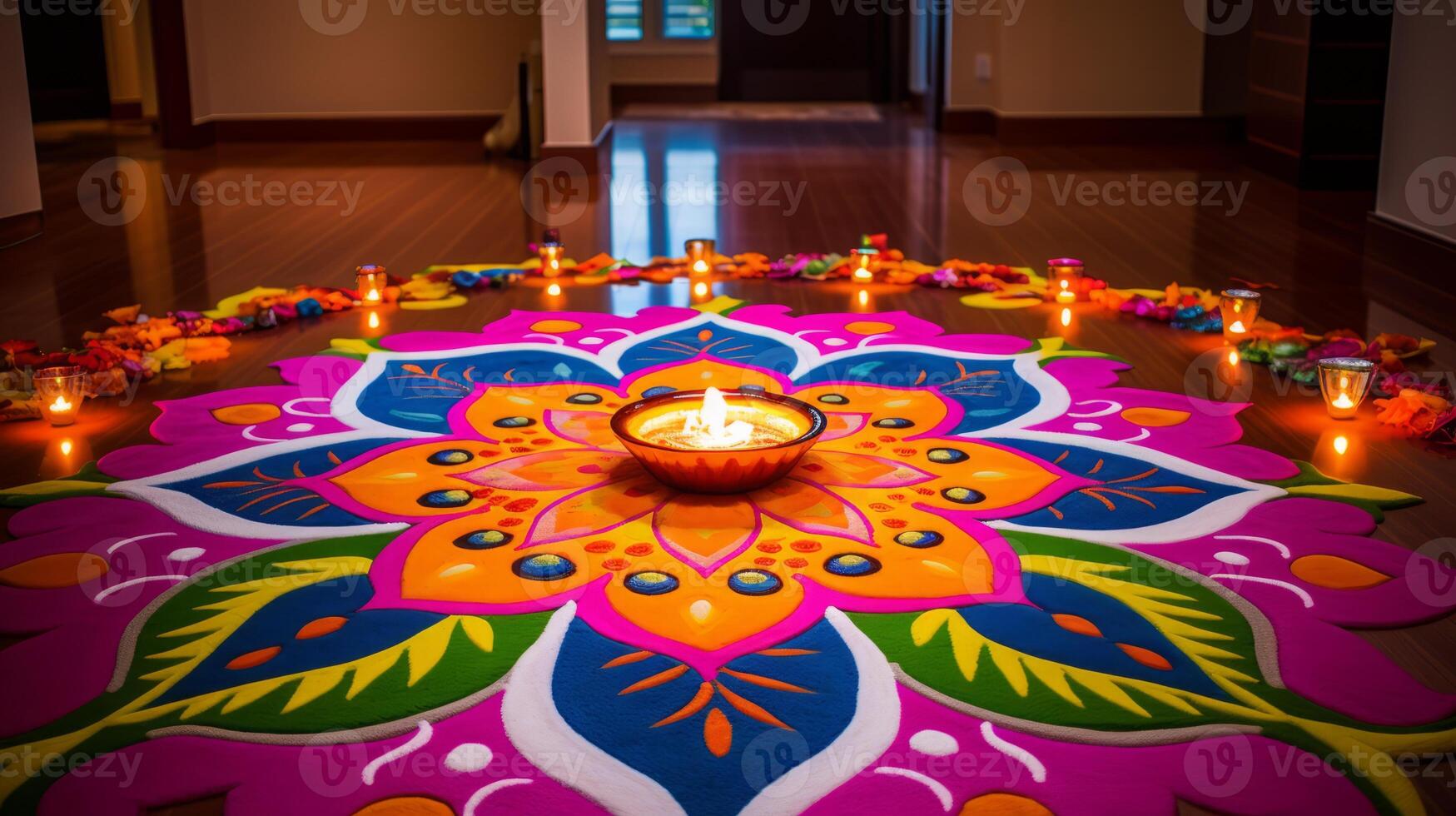AI generated Rangoli design enhancing the diwali decor. Generative AI photo