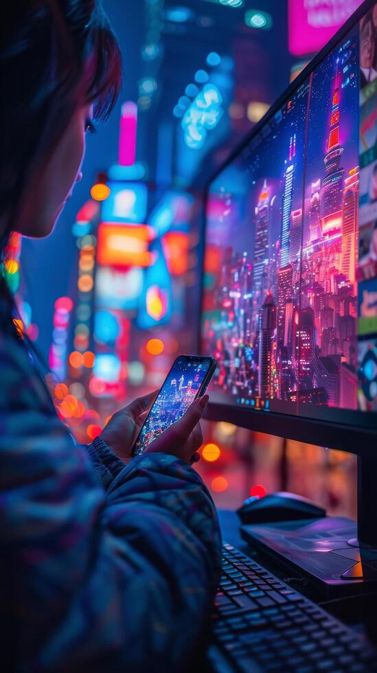 AI generated Person Typing on Computer With Phone photo