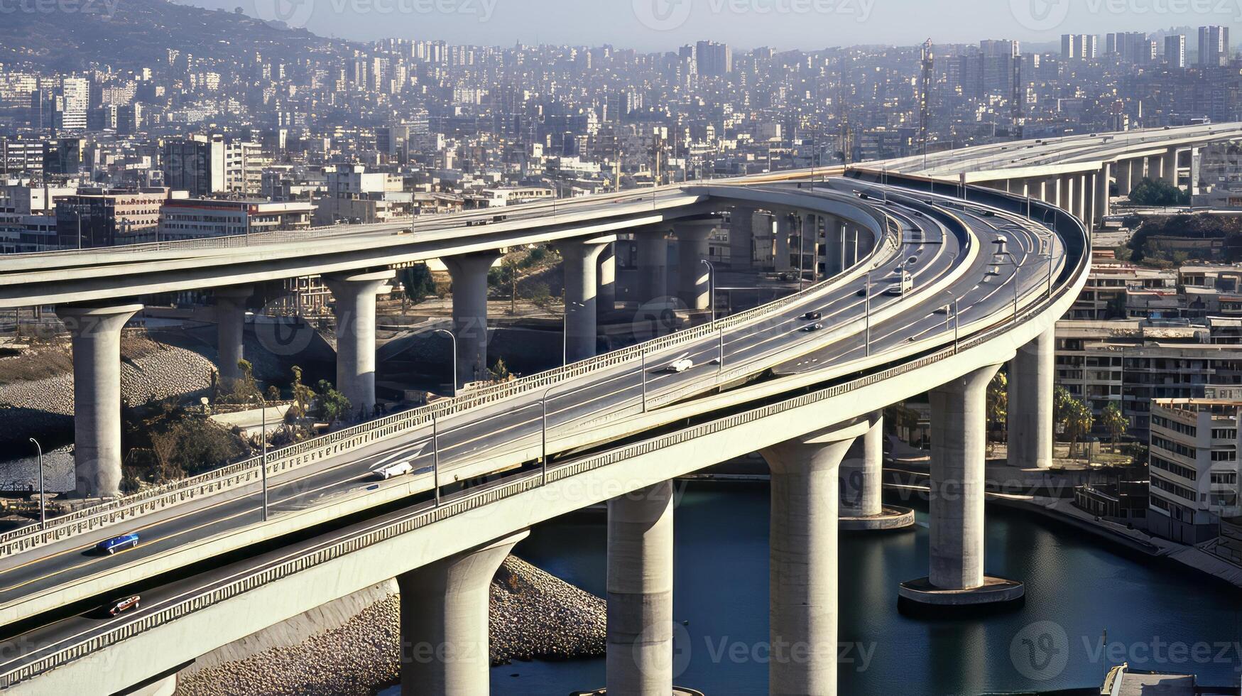 AI generated Aerial view of a highway overpass in a city. Generative AI photo