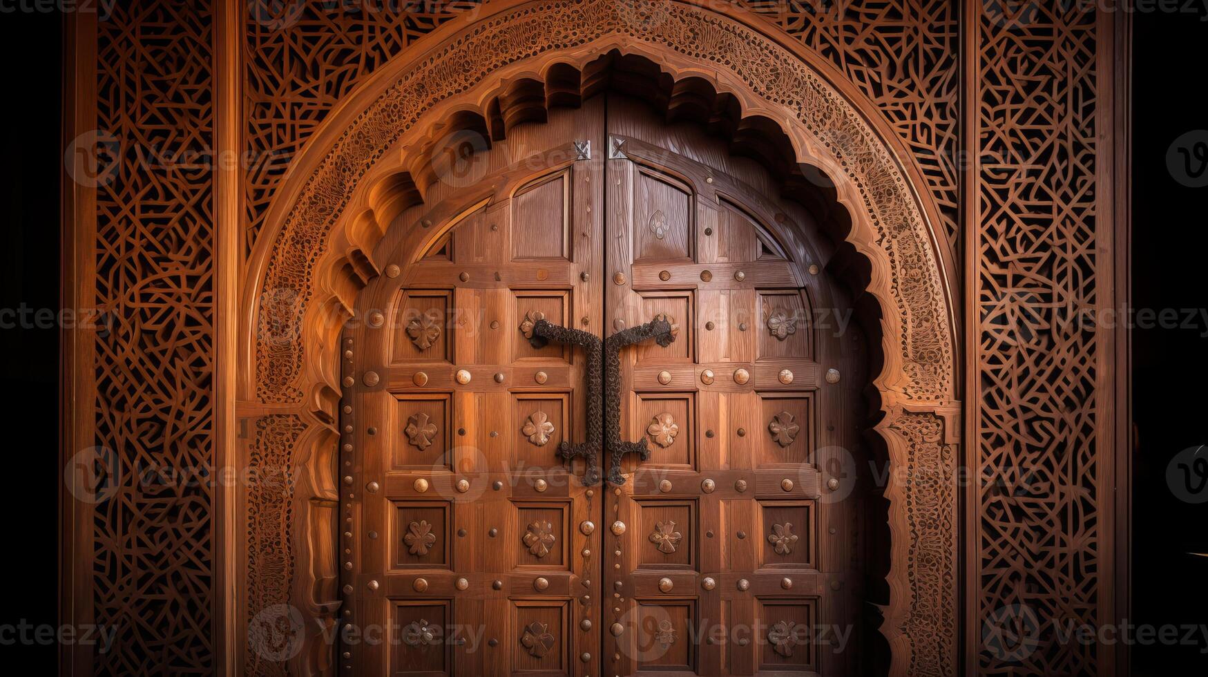 AI generated A beautifully crafted islamic wooden door. Generative AI photo