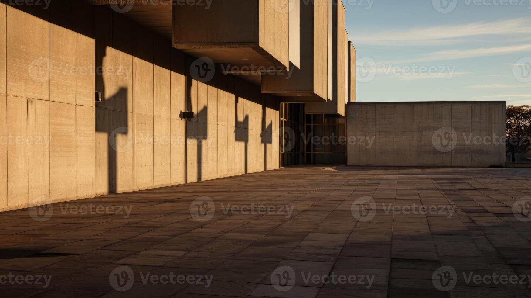 AI generated A brutalist building casting long shadows in the evening. Generative AI photo