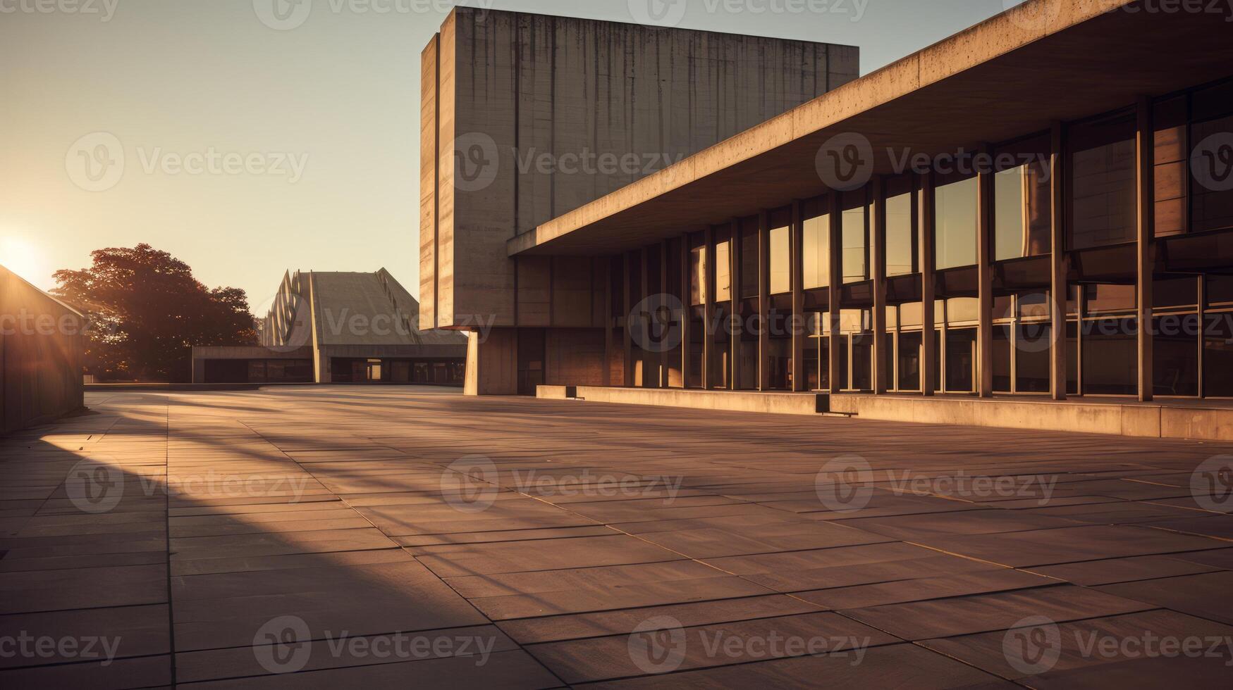 AI generated A brutalist building casting long shadows in the evening. Generative AI photo