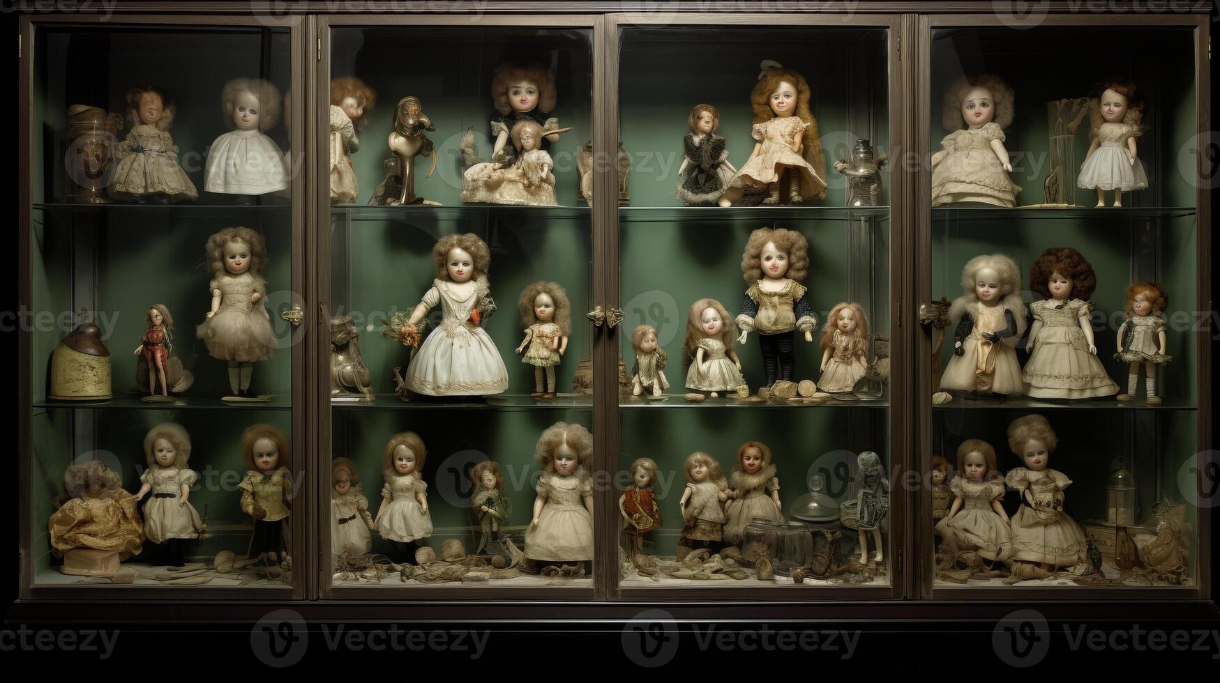 AI generated A collection of antique porcelain dolls in a glass cabinet. Generative AI photo